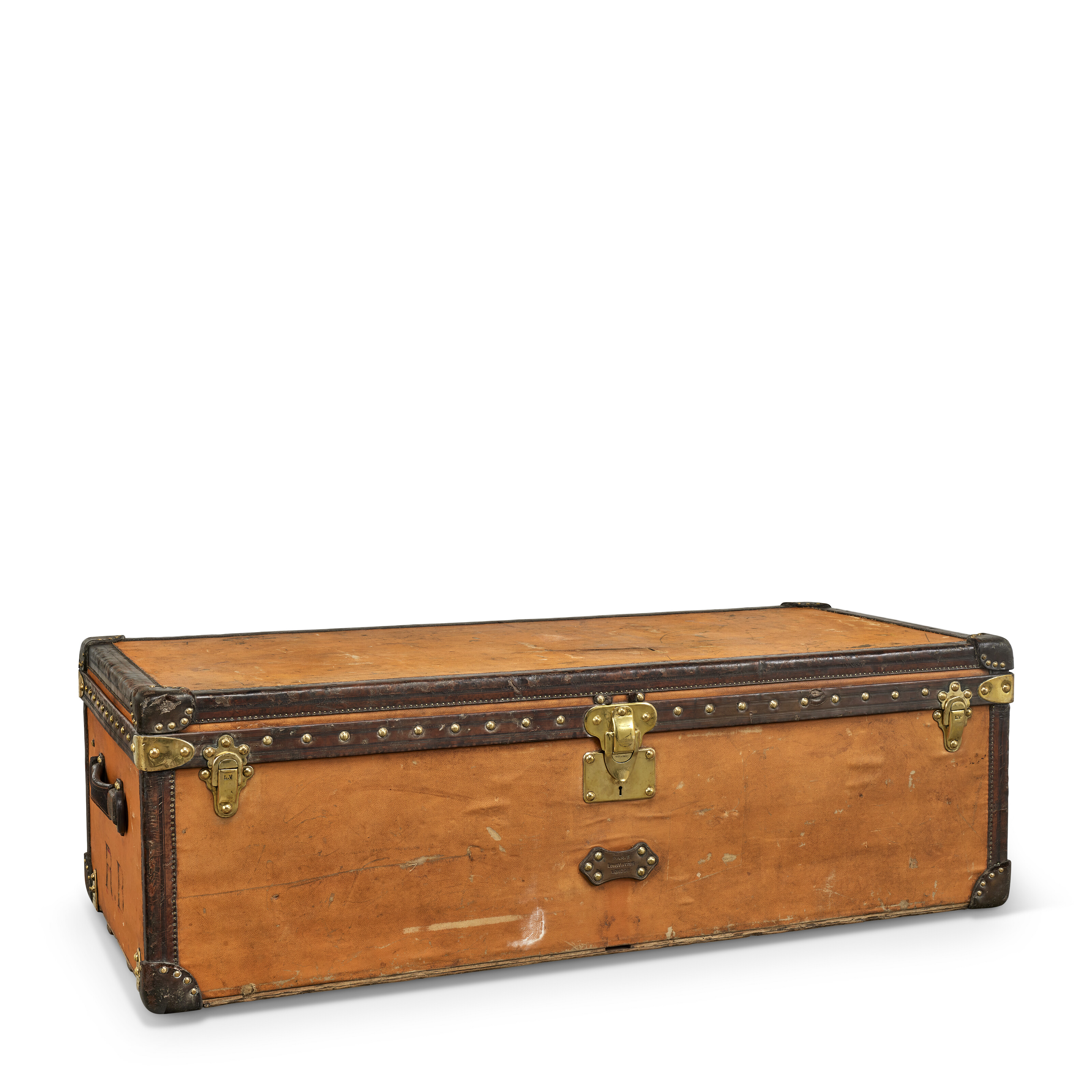 A YELLOW VUITTONITE CANVAS SUITCASE WITH BRASS HARDWARE, LOUIS