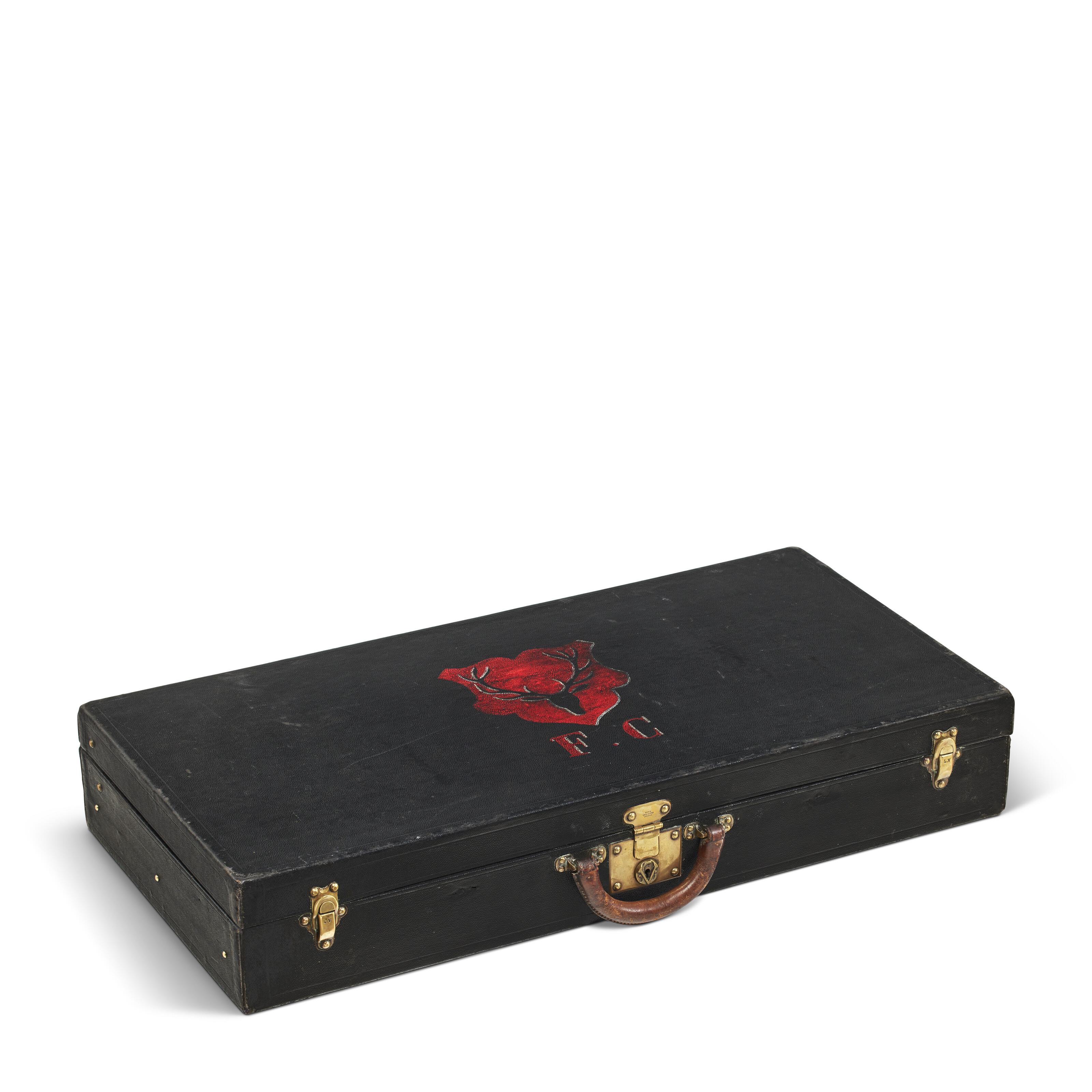 A BLACK VUITTONITE HUNTING RIFLE TRUNK WITH BRASS HARDWARE, LOUIS