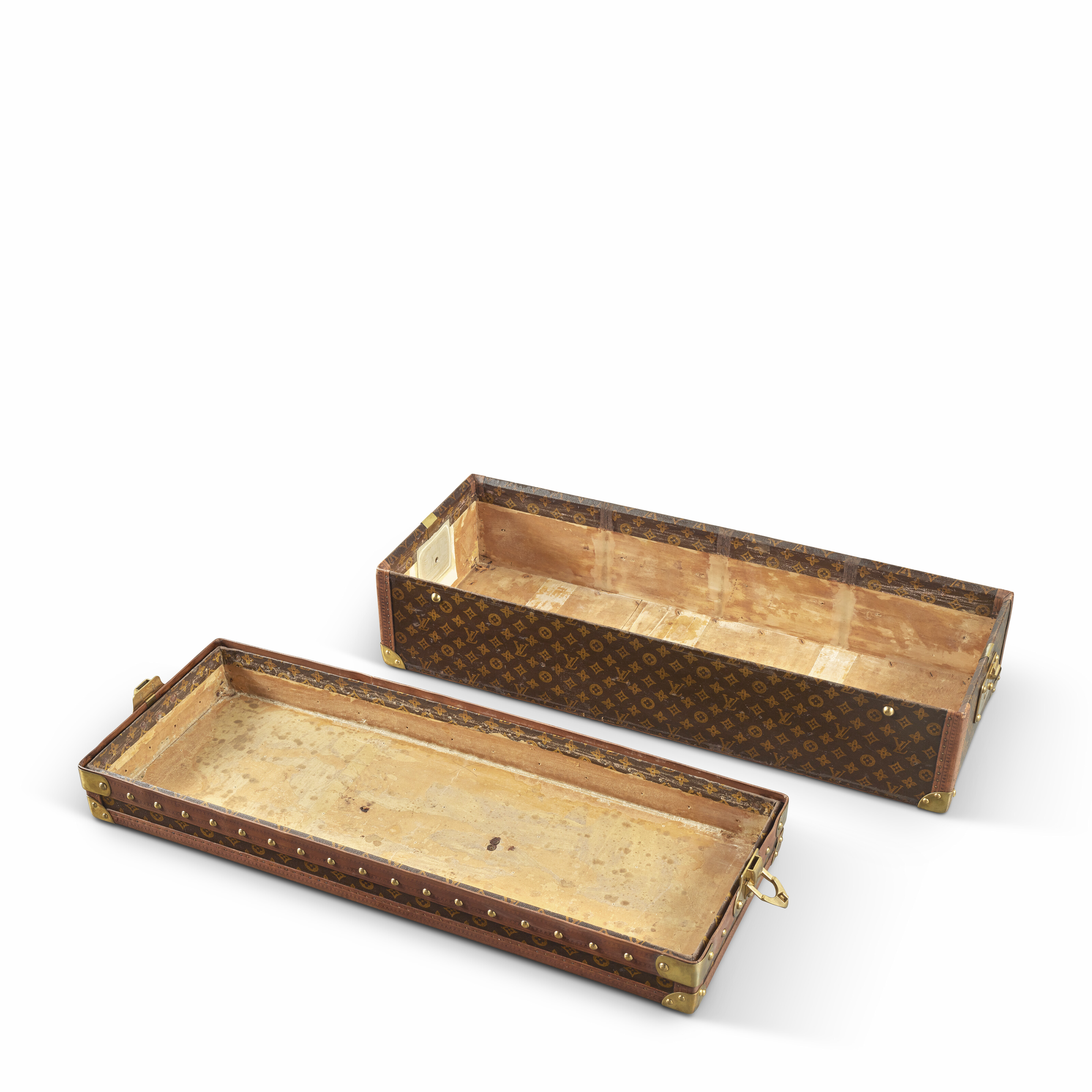 A RARE, MONOGRAM CANVAS ENCYCLOPEDIA BOOK TRUNK WITH BRASS
