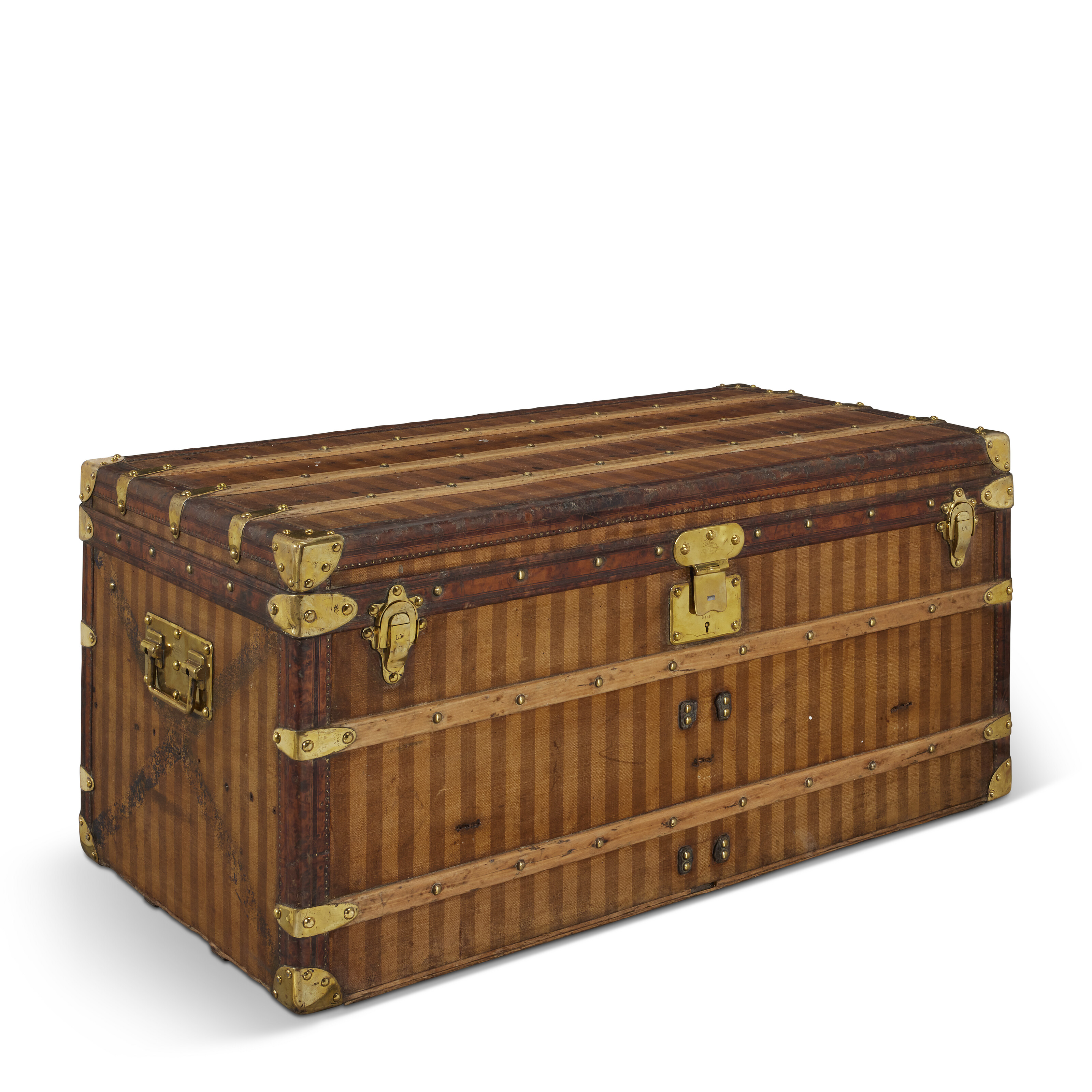 A RARE, GREEN WOODEN MILITARY BED TRUNK WITH BLACK LACQUERED IRON