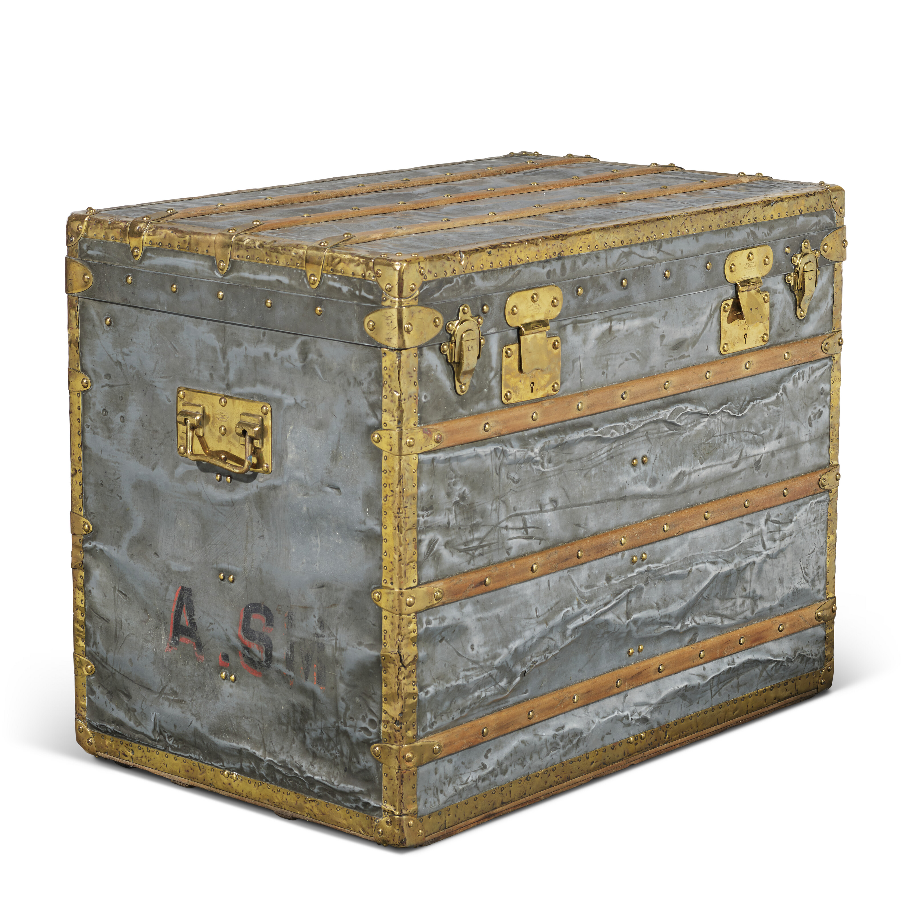 A RARE, GREEN WOODEN MILITARY BED TRUNK WITH BLACK LACQUERED IRON