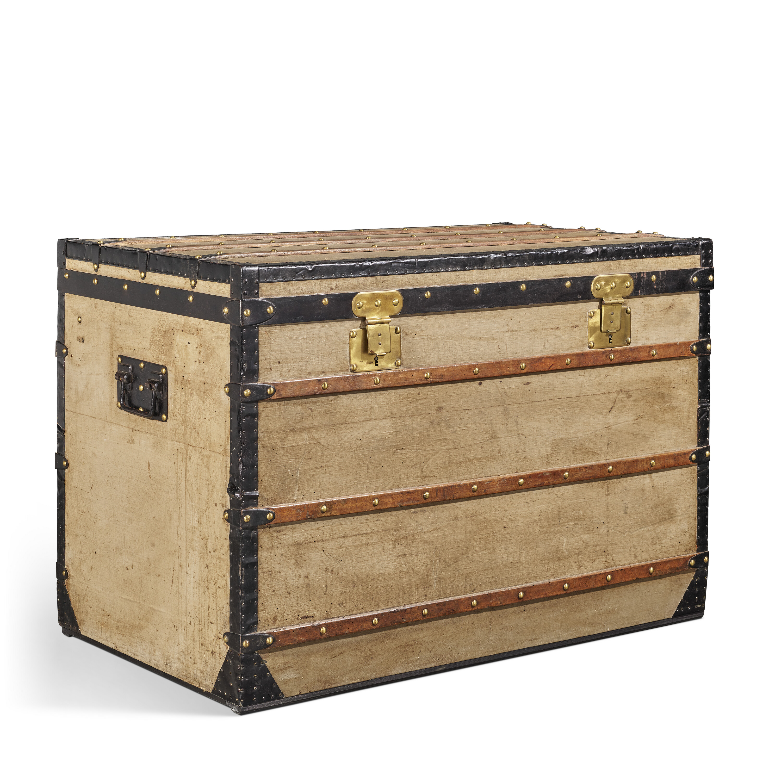 A GRIS TRIANON CANVAS TRUNK WITH BRASS HARDWARE, LOUIS VUITTON