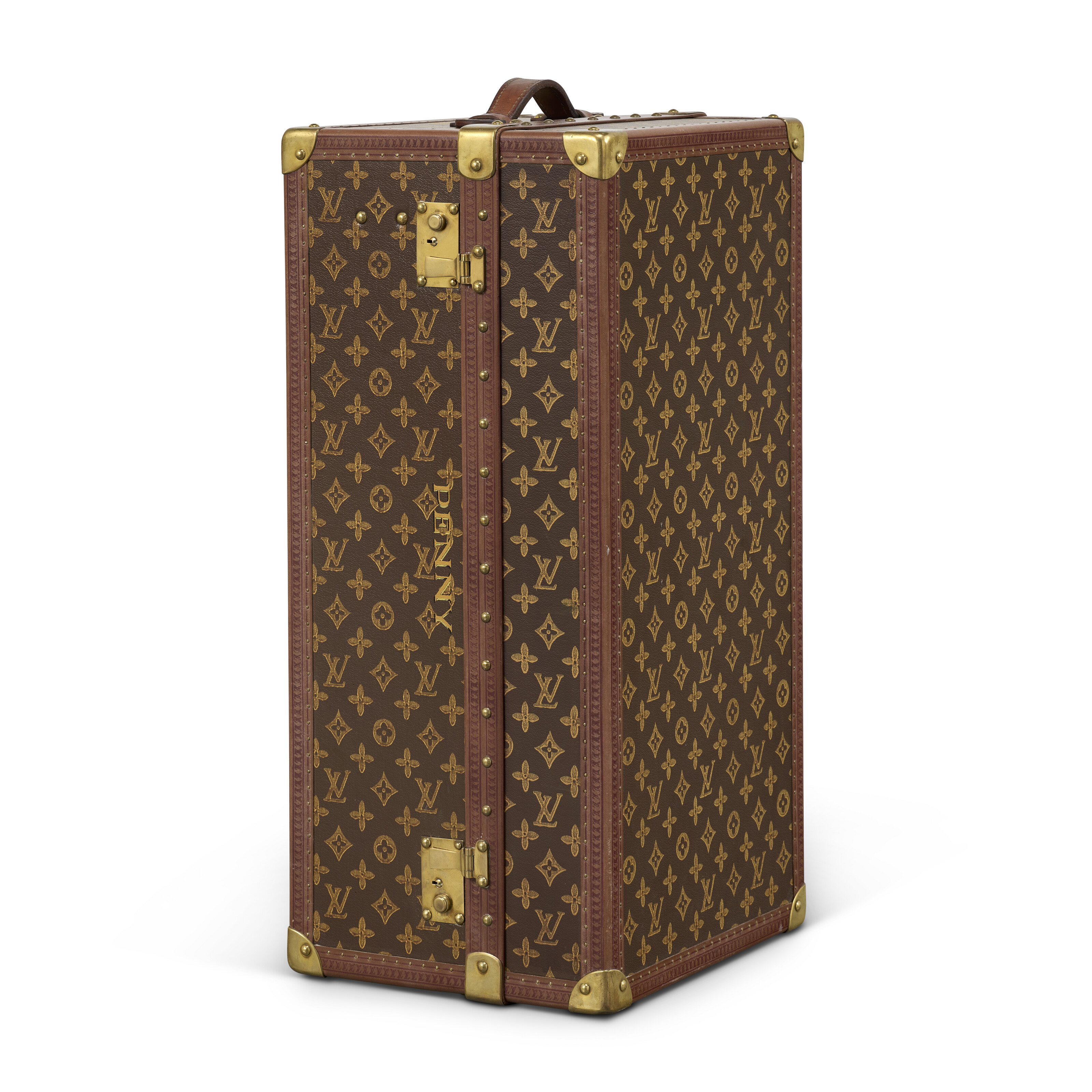 A RARE, MONOGRAM CANVAS DOLL WARDROBE TRUNK WITH BRASS HARDWARE