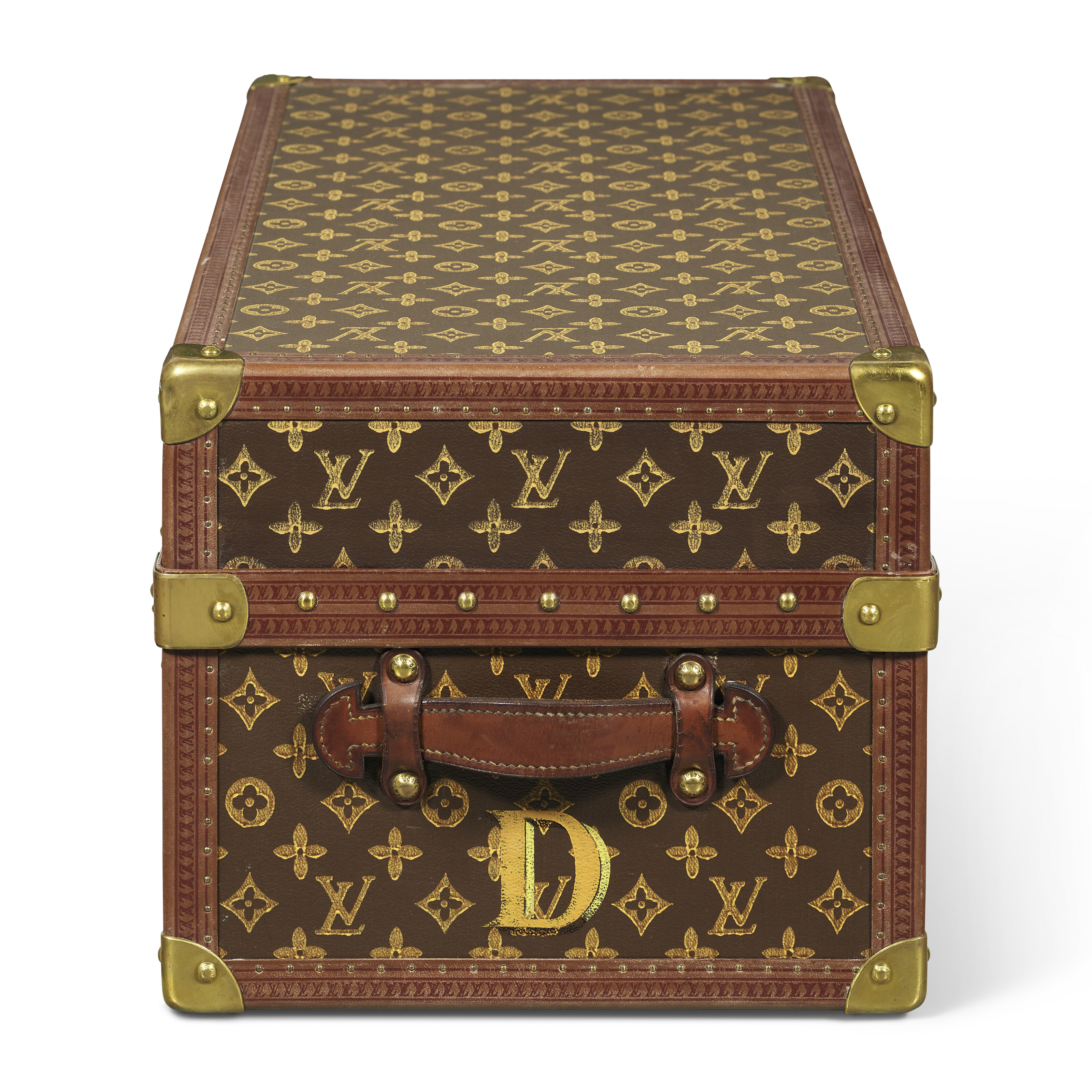 A RARE, MONOGRAM CANVAS DOLL WARDROBE TRUNK WITH BRASS HARDWARE