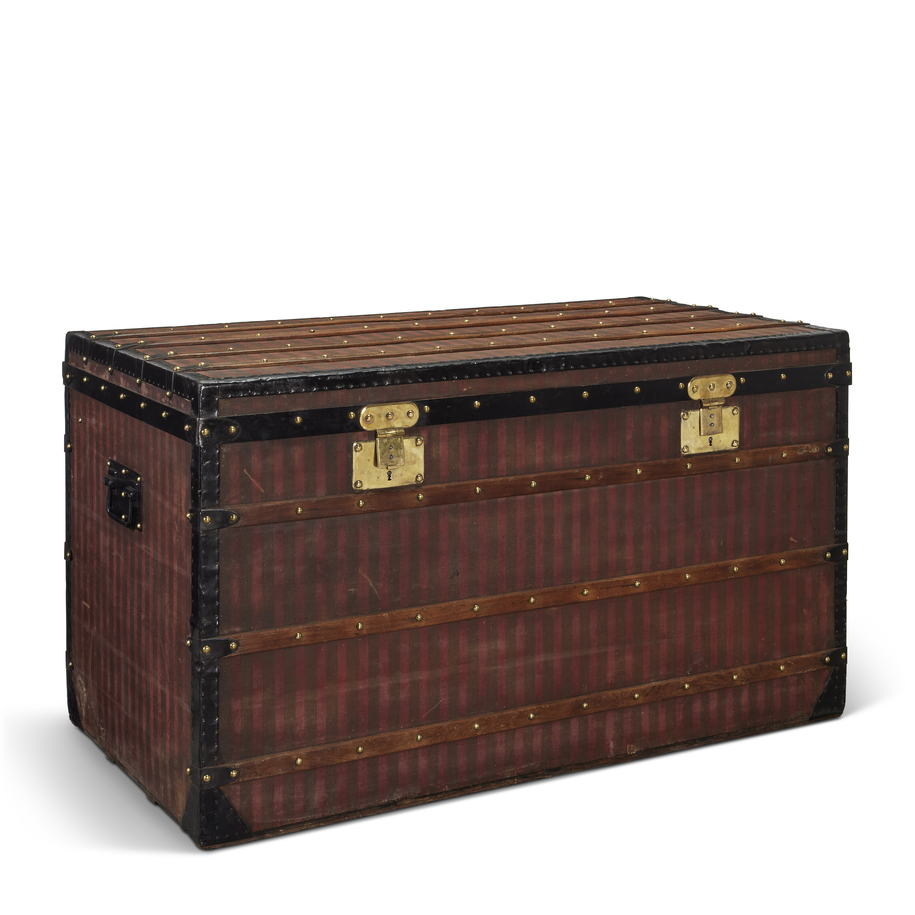 A RED & BROWN STRIPED CANVAS MEN'S HIGH 120 TRUNK WITH BLACK