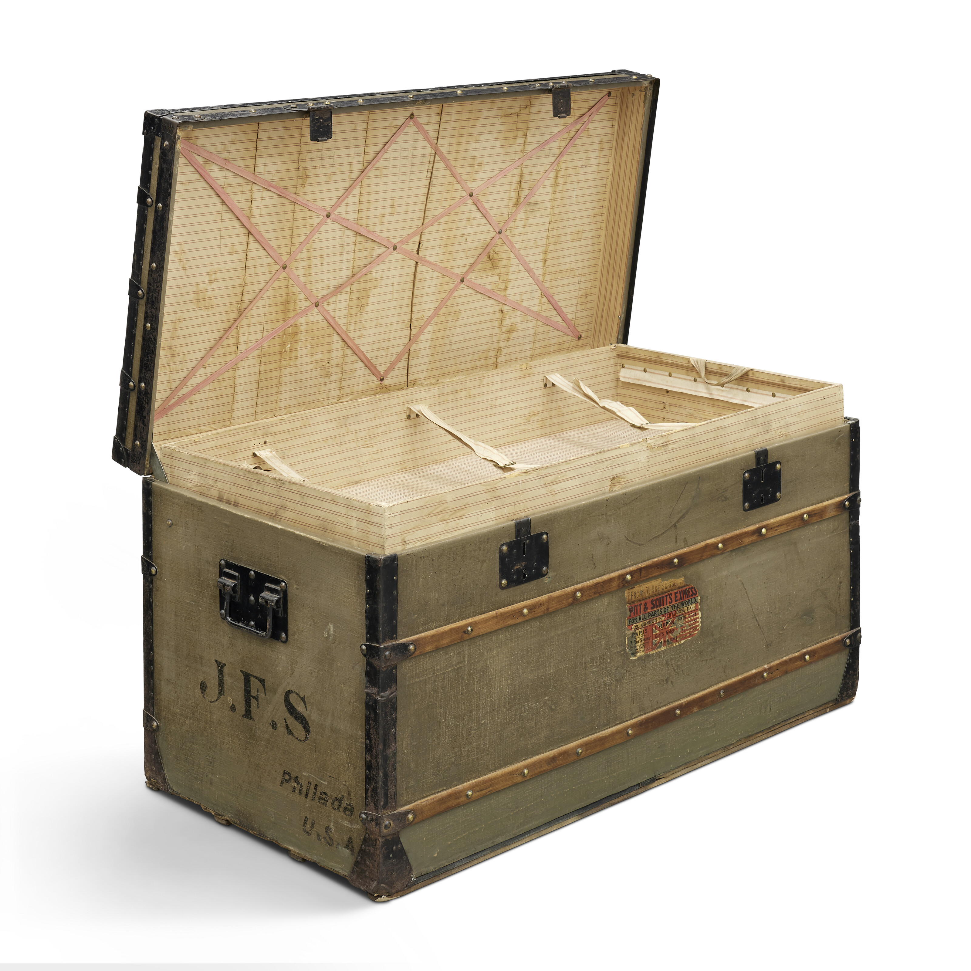 A GRIS TRIANON COATED CANVAS LOW TRUNK WITH BLACK LACQUERED IRON