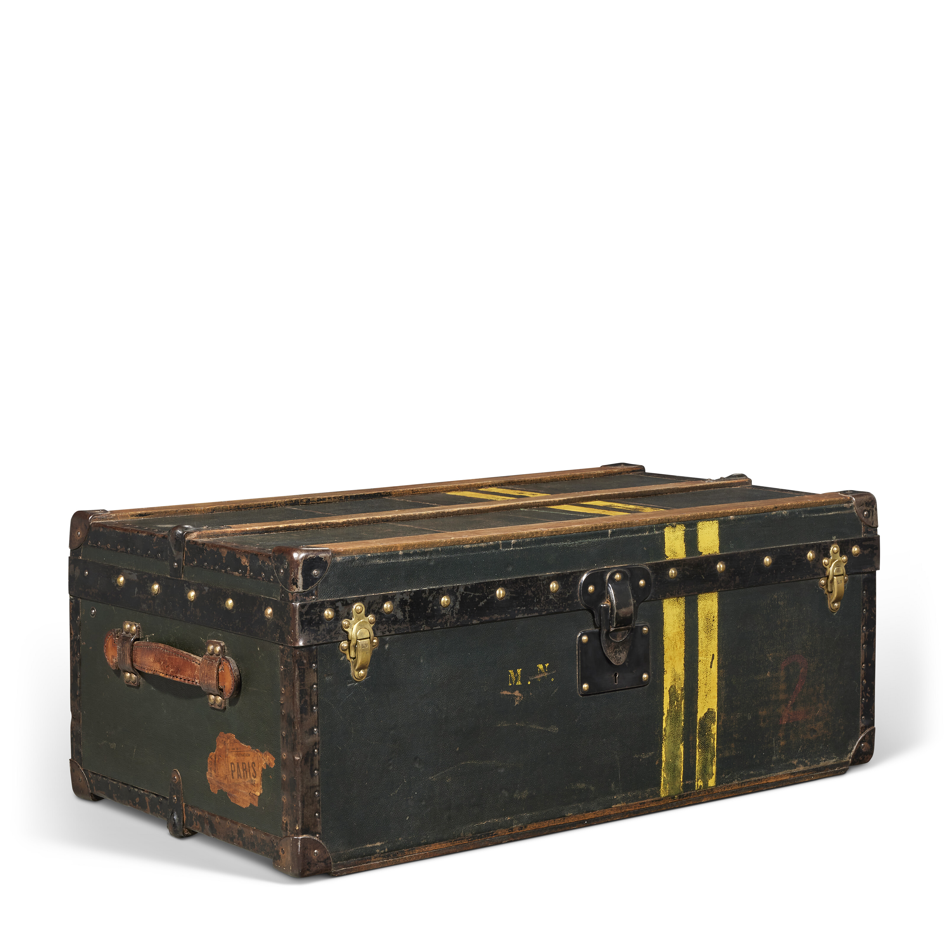 A GREEN VUITTONITE CANVAS STACKABLE CAR TRUNK WITH BLACK IRON