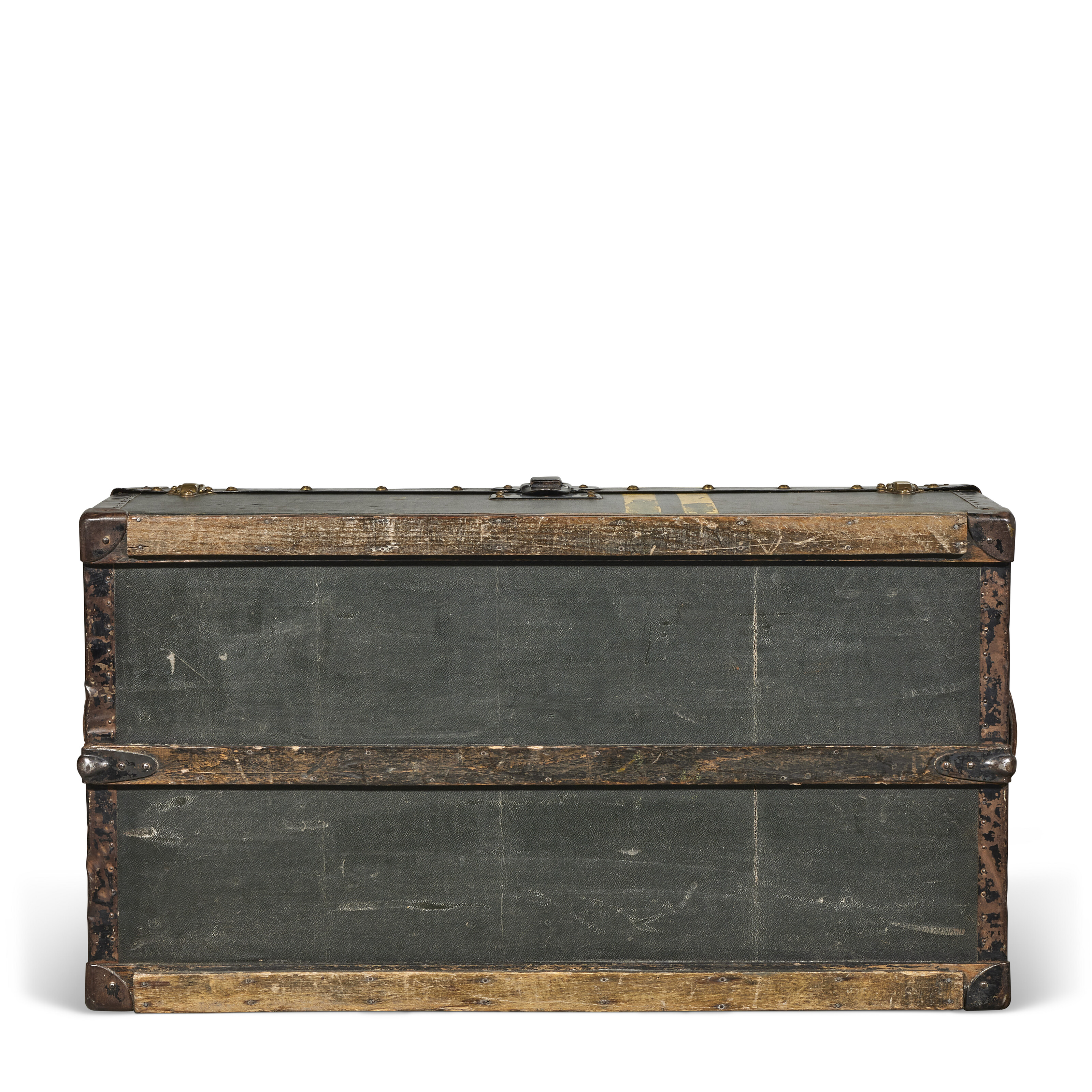 A GREEN VUITTONITE CANVAS STACKABLE CAR TRUNK WITH BLACK IRON