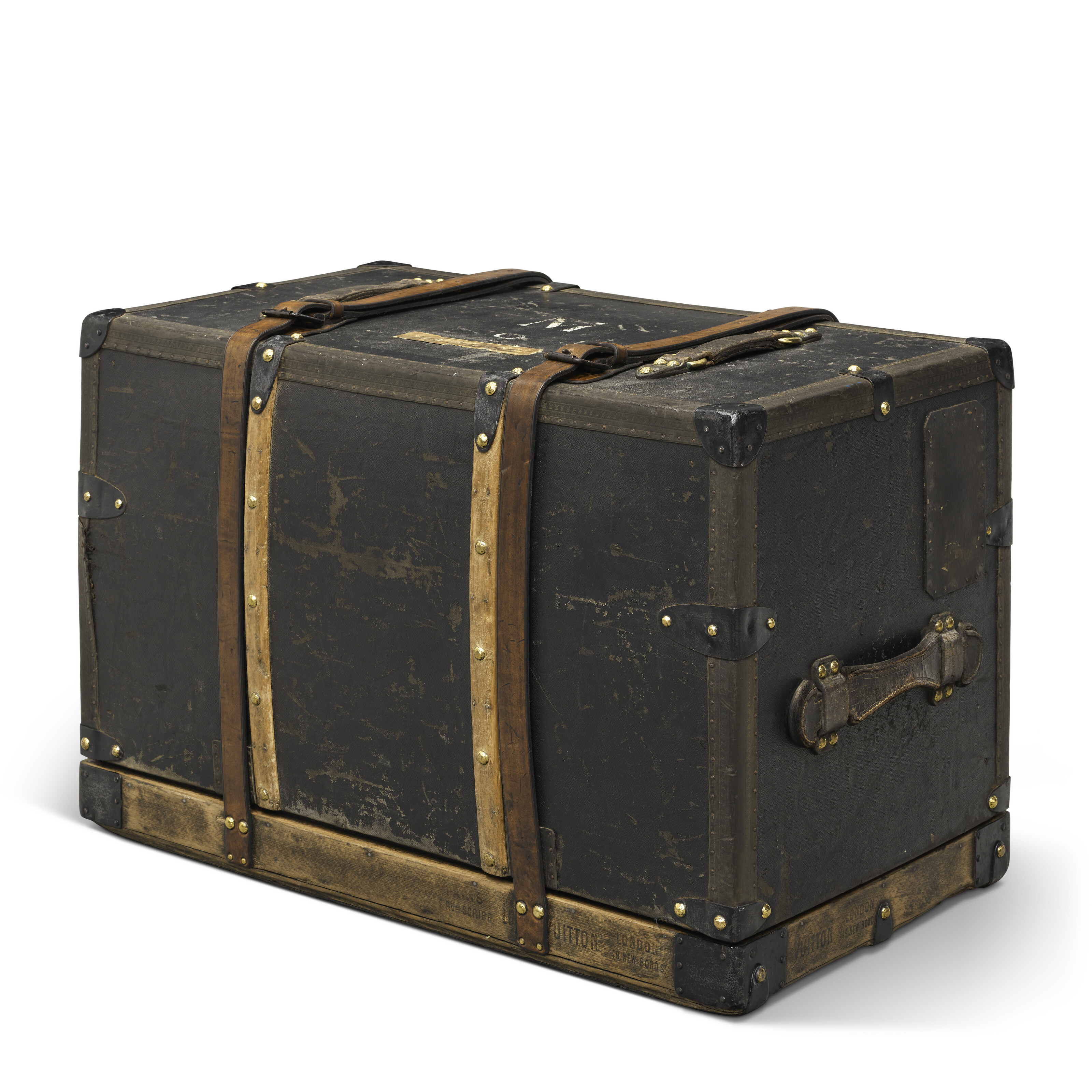 A CUSTOM BLACK VUITTONITE CANVAS TRUNK WITH BRASS HARDWARE, LOUIS