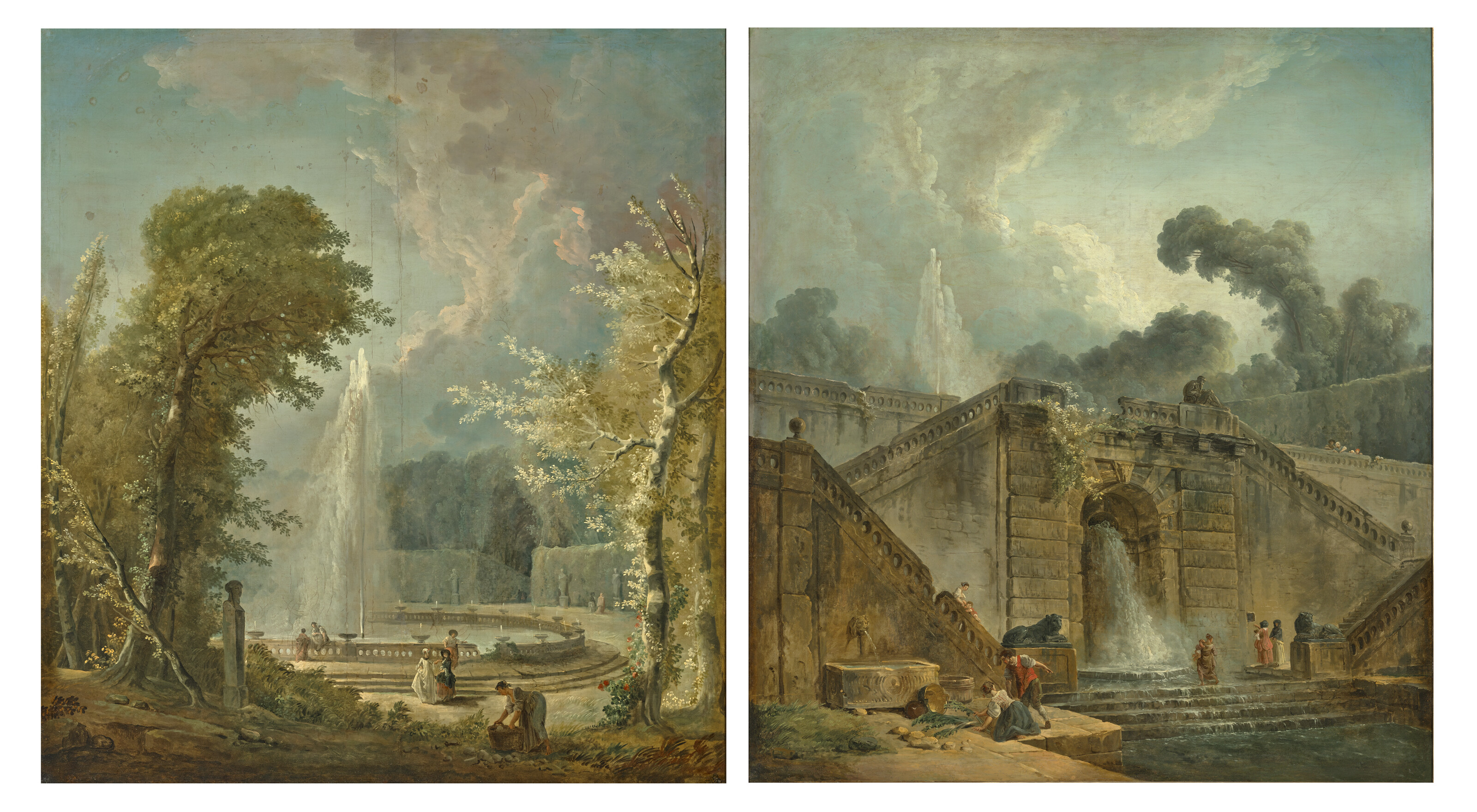 Hubert Robert, Une Fontaine au jet d'eau dans un paysage, un hermèe au premier plan; Une Fontaine au jet d'eau et a la cascade dans un decor architectural (a pair), offered in Les Stern: une famille de collectionneurs on 11 December 2025 at Christie's in Paris