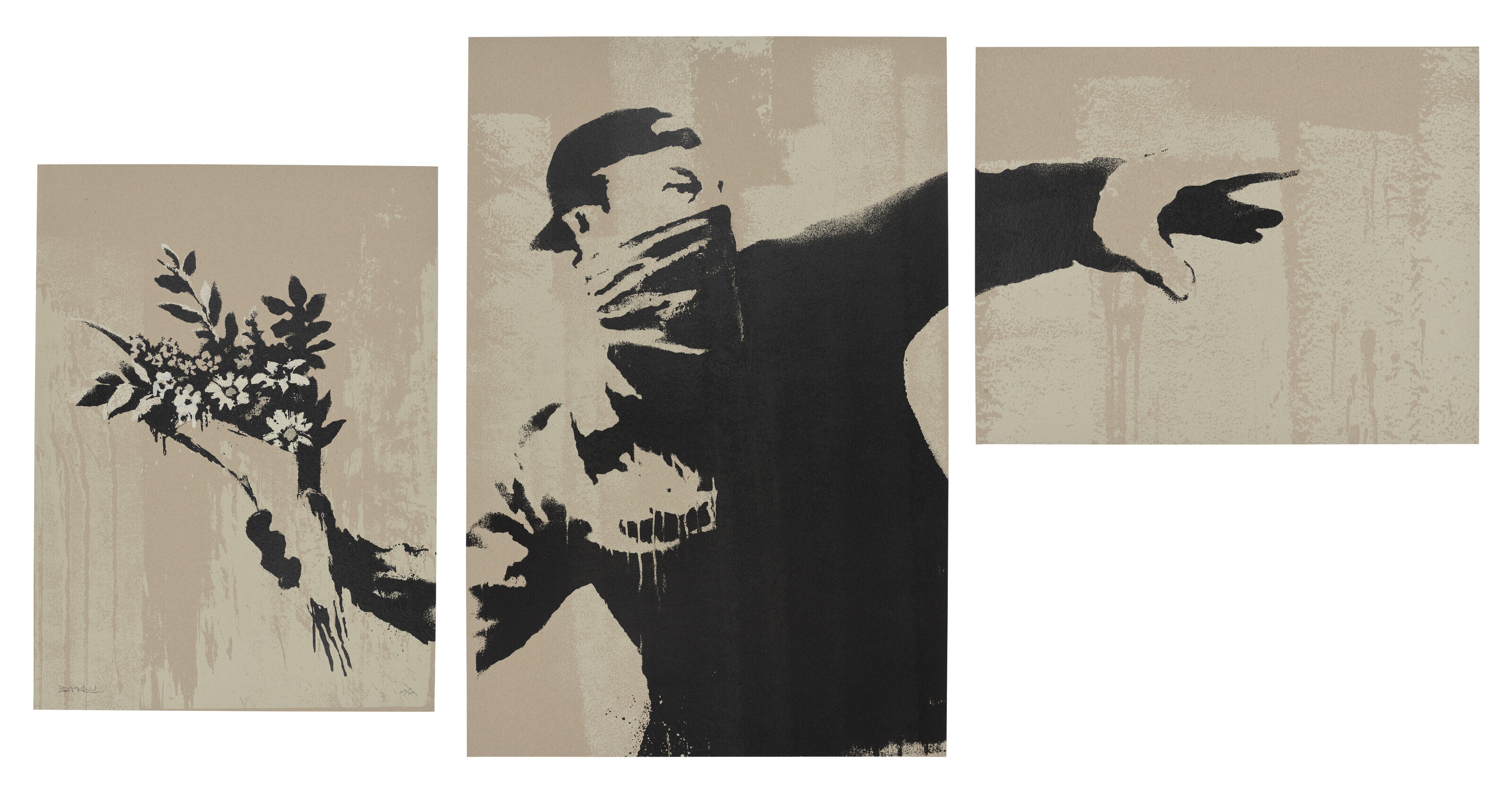 BANKSY, Flower Thrower Triptych (Grey) | Christie's