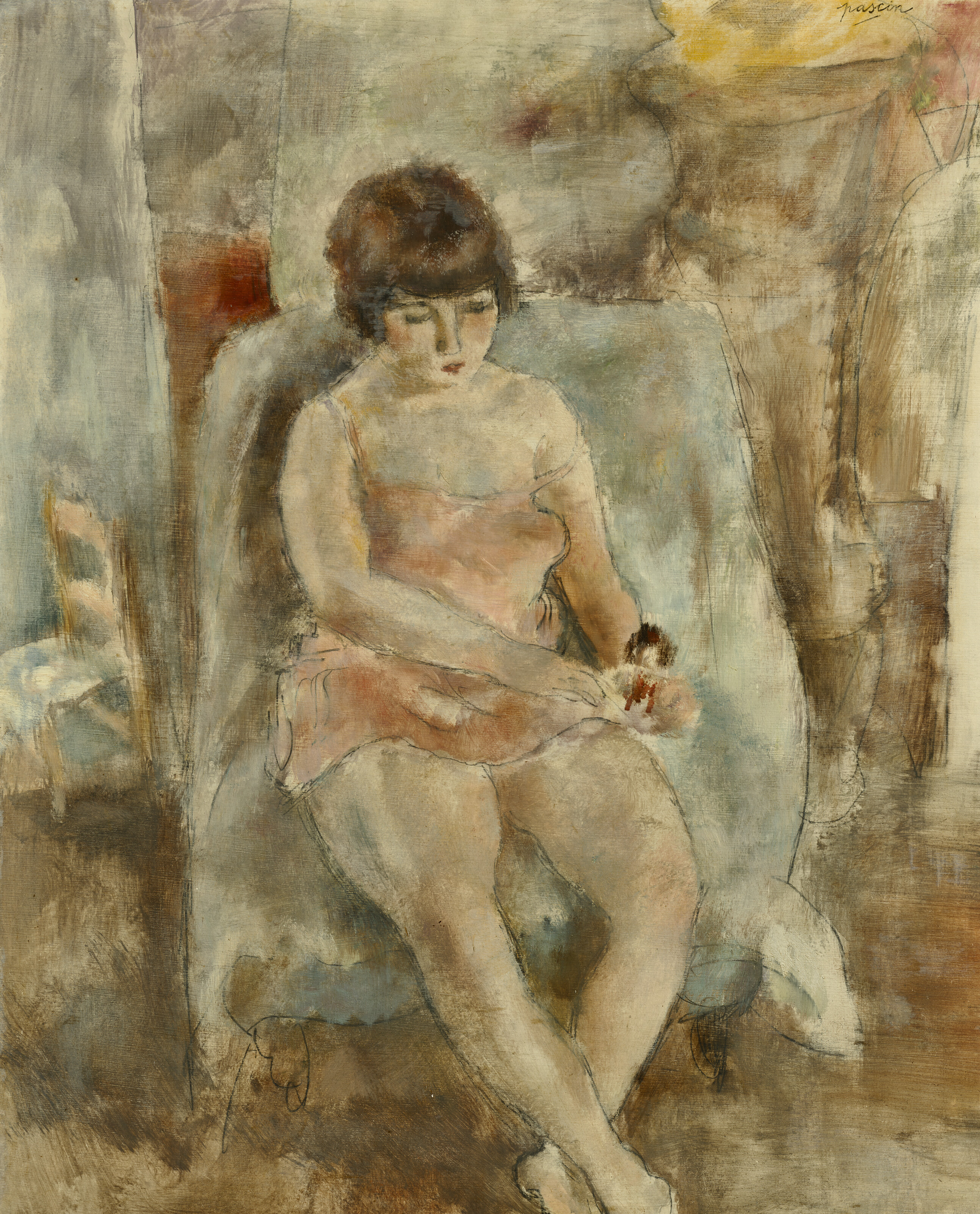JULES PASCIN — Fifi assise en chemise rose