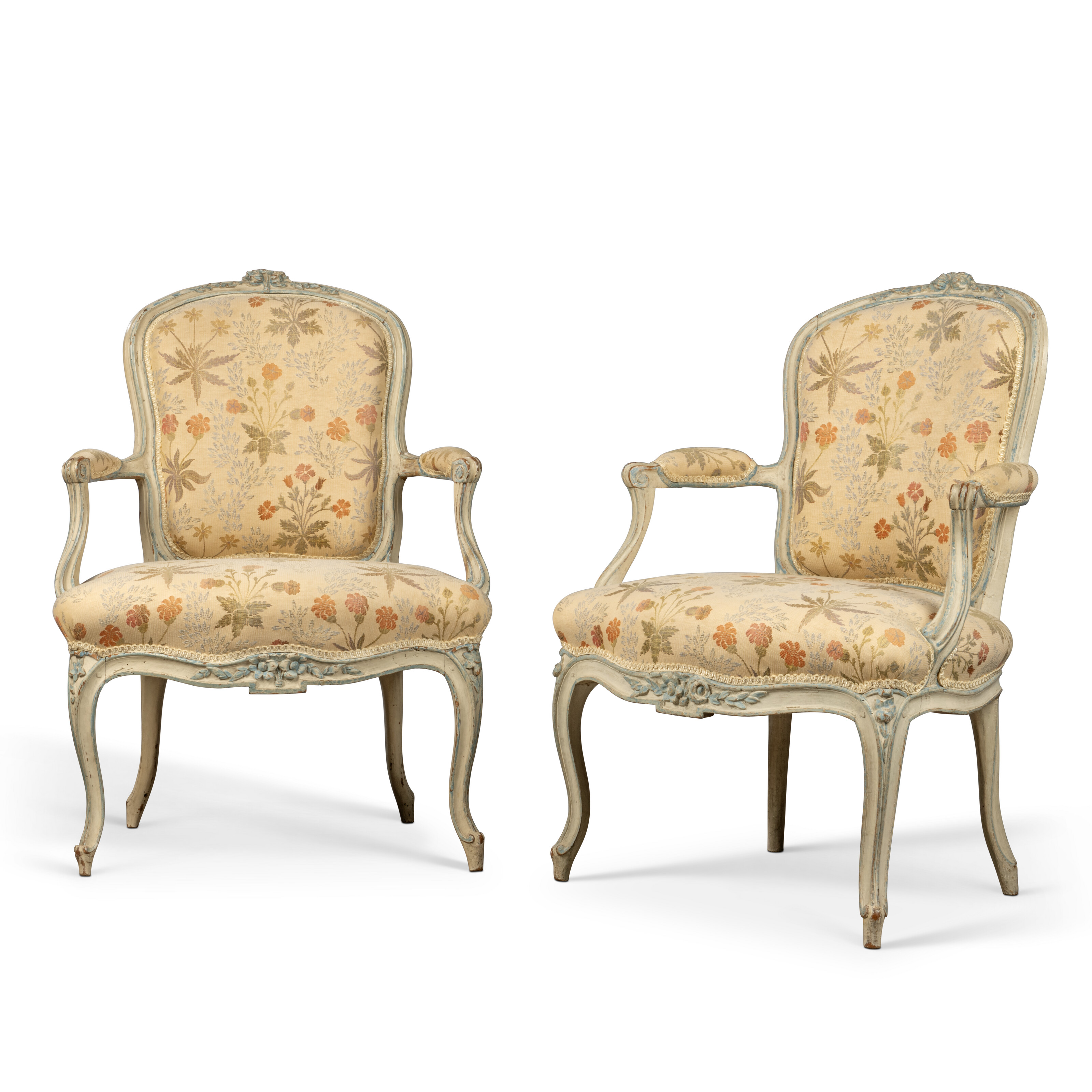 A PAIR OF LOUIS XV GREY AND BLUE PAINTED FAUTEUILS, BY PIERRE REMY ...