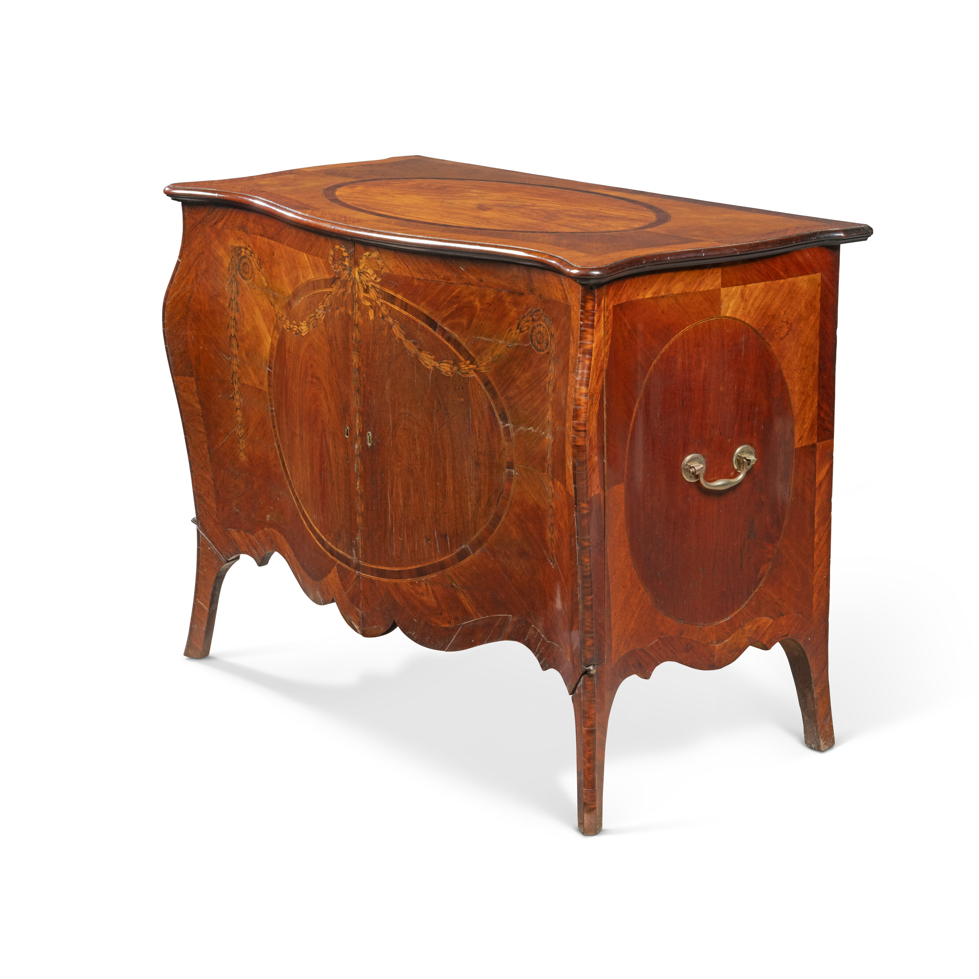A GEORGE III PADOUK, GONCALO ALVES, FUSTIC AND MARQUETRY SERPENTINE ...