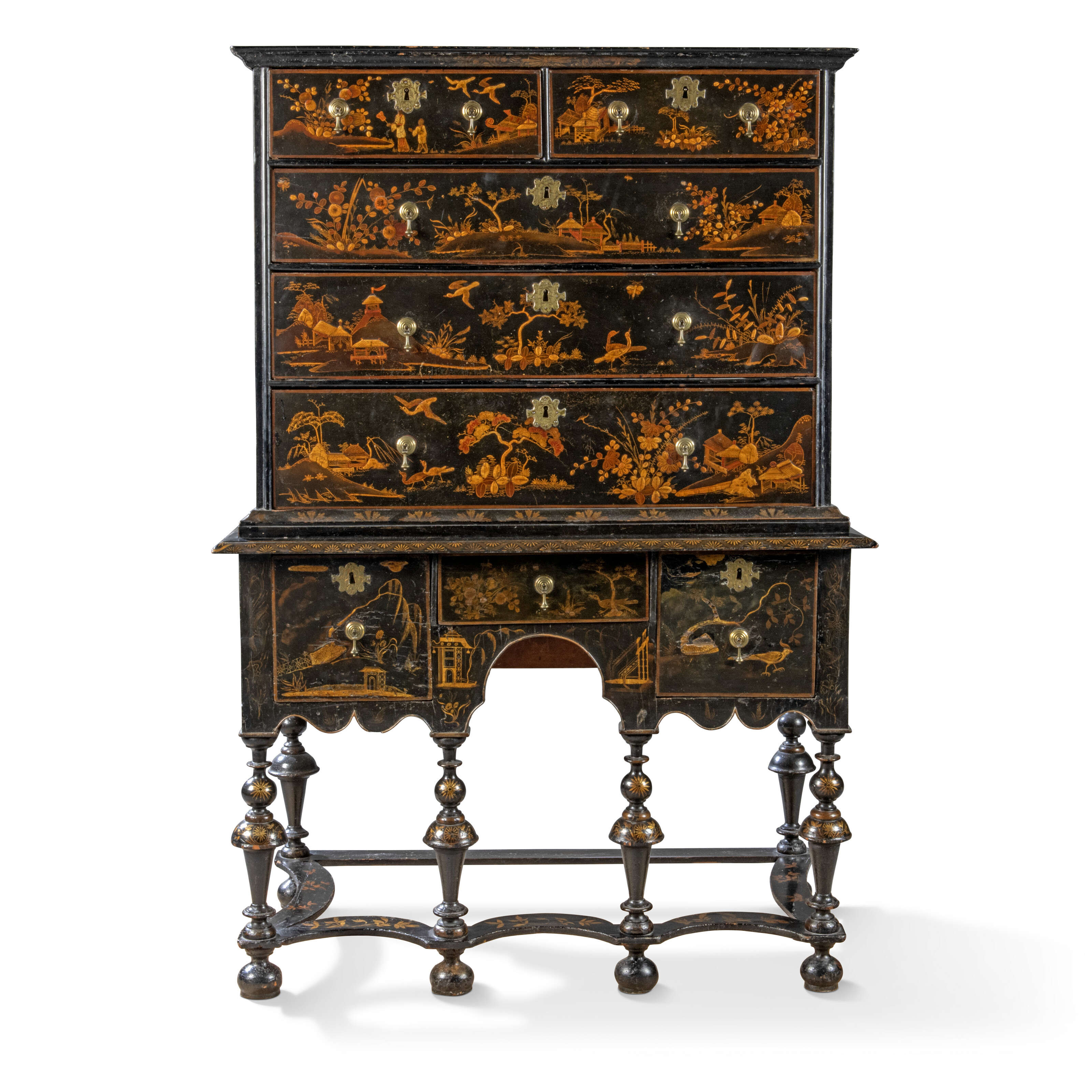 A WILLIAM & MARY BLACK-AND-GILT JAPANNED CHEST-ON-STAND