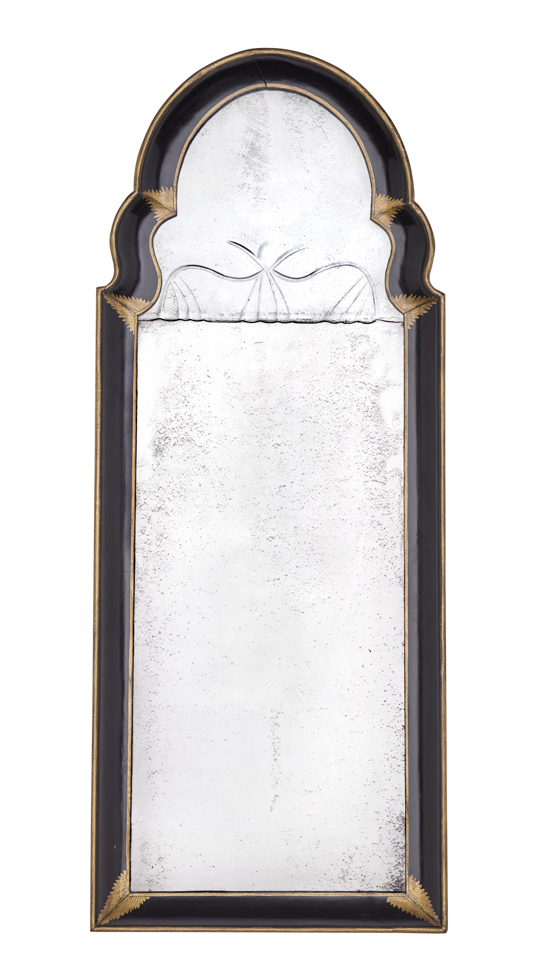 A QUEEN ANNE BLACK-AND-GILT JAPANNED MIRROR
