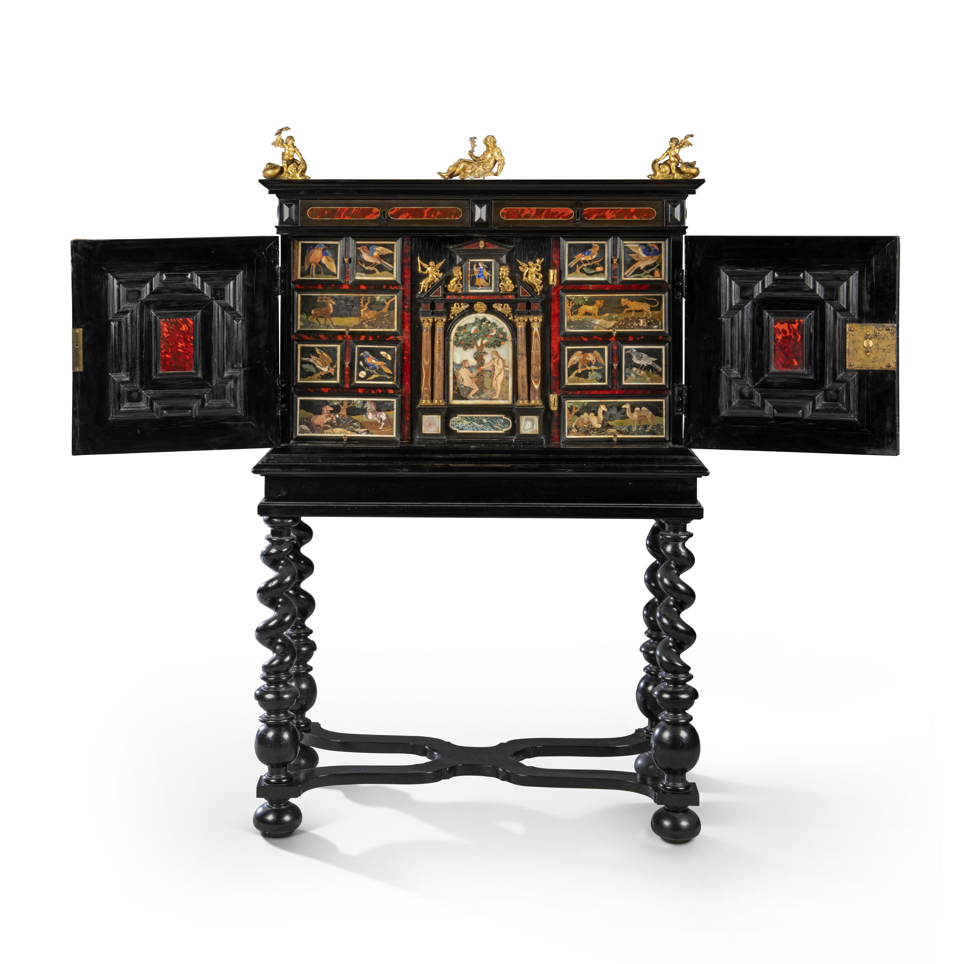 A Flemish ormolu-mounted, ebony, tortoiseshell and pietra dura cabinet- on-stand. Mid-17th century, the pietra dura panels, Florence, the stand later, offered in Collections: Including Pietra Dura from the Baron Family, 14-28 October 2026 at Christie's Online