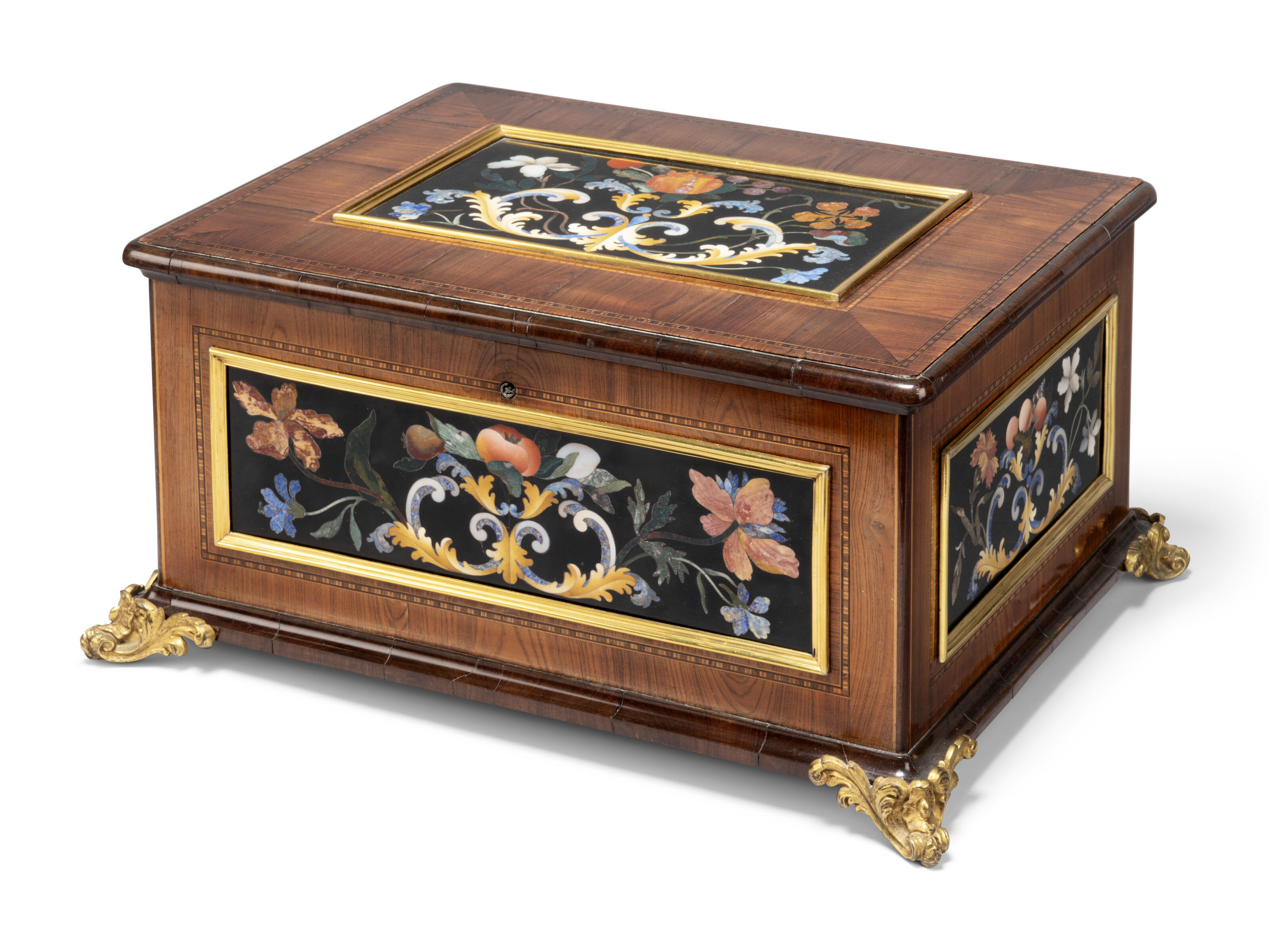AN ITALIAN PIETRA DURA-MOUNTED, TULIPWOOD AND KINGWOOD CASKET