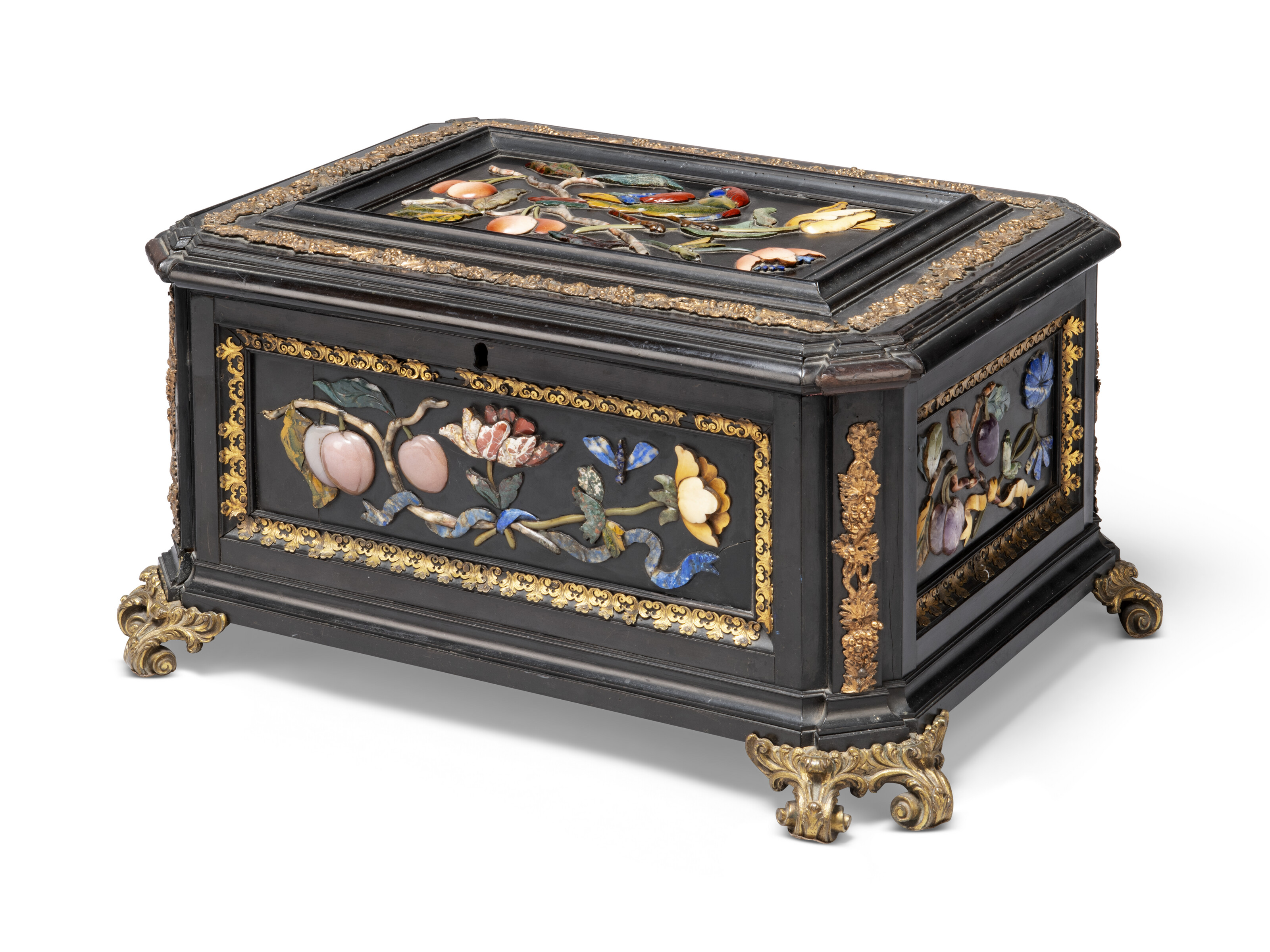 An Italian ormolu-mounted pietra dura and ebony casket. Late 17th century, attributed to the Grand Ducal workshops, Florence, offered in Collections: Including Pietra Dura from the Baron Family, 14-28 October 2026 at Christie's Online