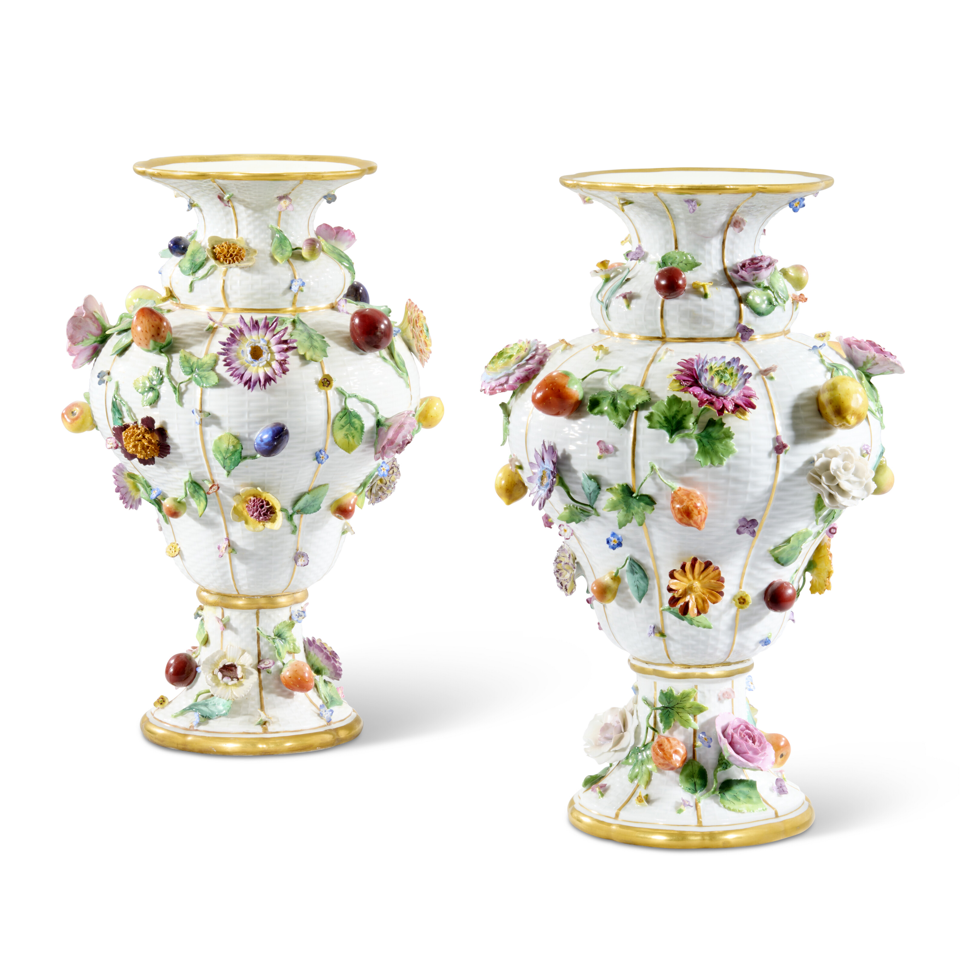 A MATCHED PAIR OF MEISSEN PORCELAIN FRUIT AND FLOWER-ENCRUSTED VASES, LATE 19TH CENTURY, BLUE CROSSED SWORDS MARKS, INCISED NUMERALS AND PRESSNUMMERN, ONE WITH INCISED LINE ABOVE THE SWORDS MARK