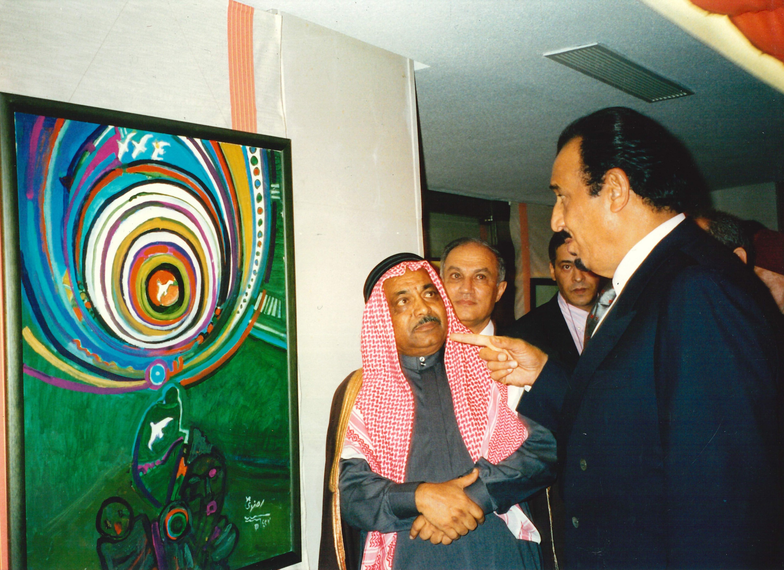 Saudia Arabia's future king, HRH Salman bin Abdulaziz Al Saud, with Abdul Halim Radwi in front of Untitled, 2002, at the opening of Contemporary Islamic Modern Art: For the World's Peace, a landmark exhibition held in Marbella, Spain, the year the work was completed