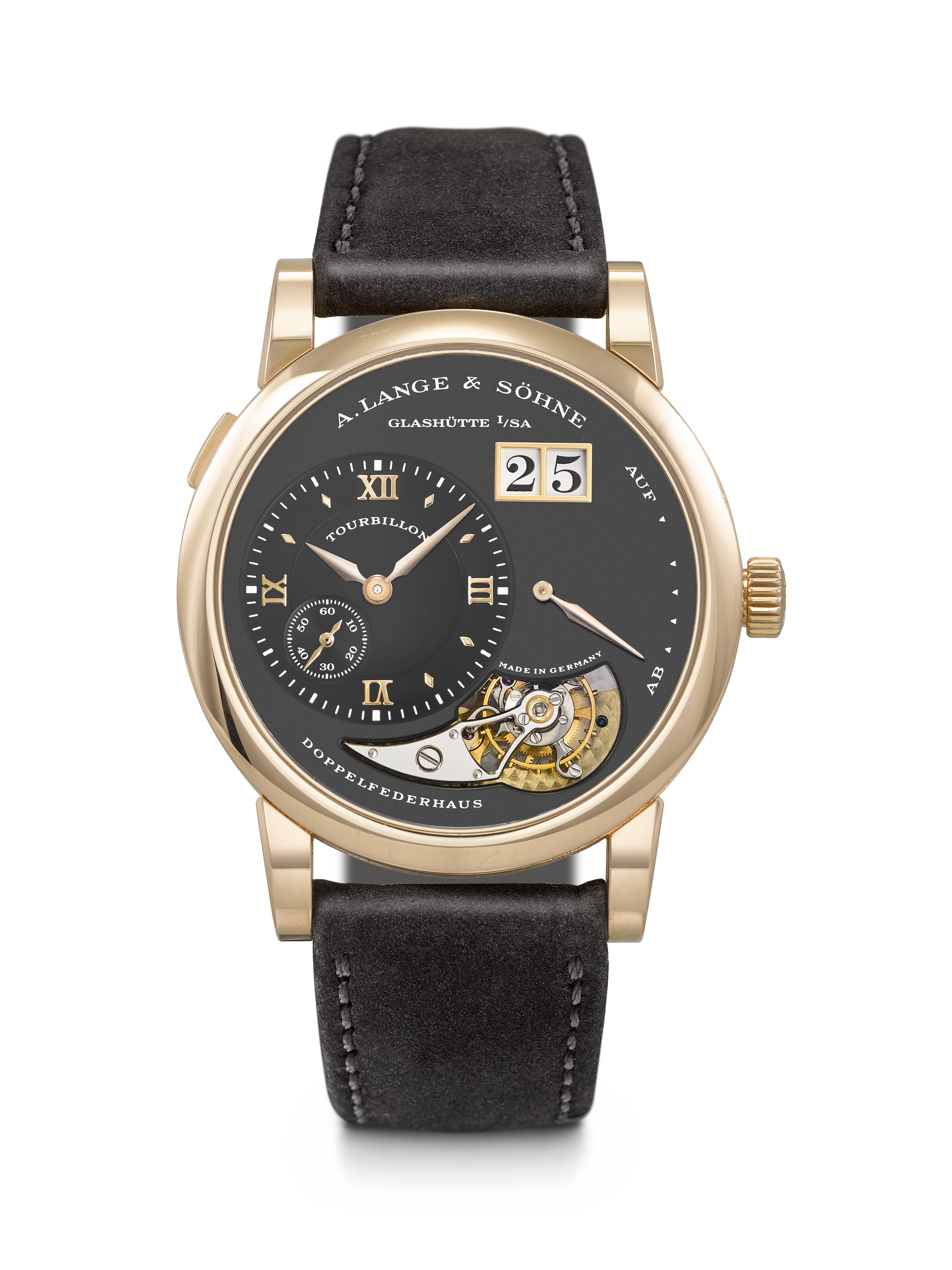 A. Lange and Sohne. A unique 18k pink-gold limited-edition tourbillon wristwatch with oversized date and power-reserve indication, Lange 1 tourbillon model, circa 2002, offered in Rare Watches on 11 and 12 May 2026 at Christie's in Geneva