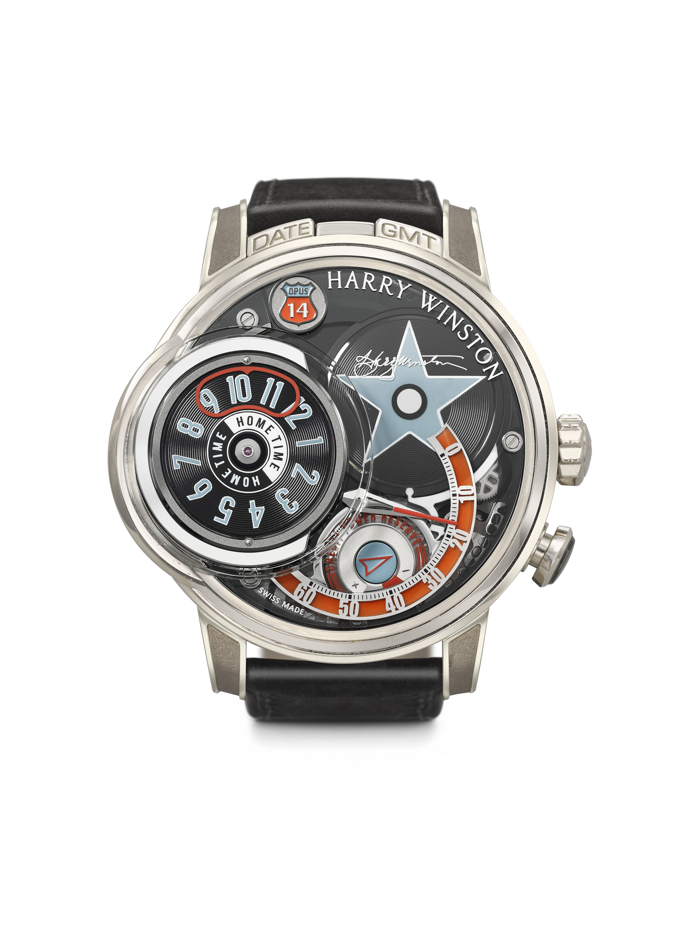 Harry Winston, Franck Orny and Johnny Girardin. An 18k white-gold limited-edition dual-time wristwatch with date, retrograde minute, power reserve, function selector and jukebox automaton, circa 2015. Opus 14 model, case no. 82'333, no. 02/50, offered in Rare Watches on 11 and 12 May 2026 at Christie's in Geneva