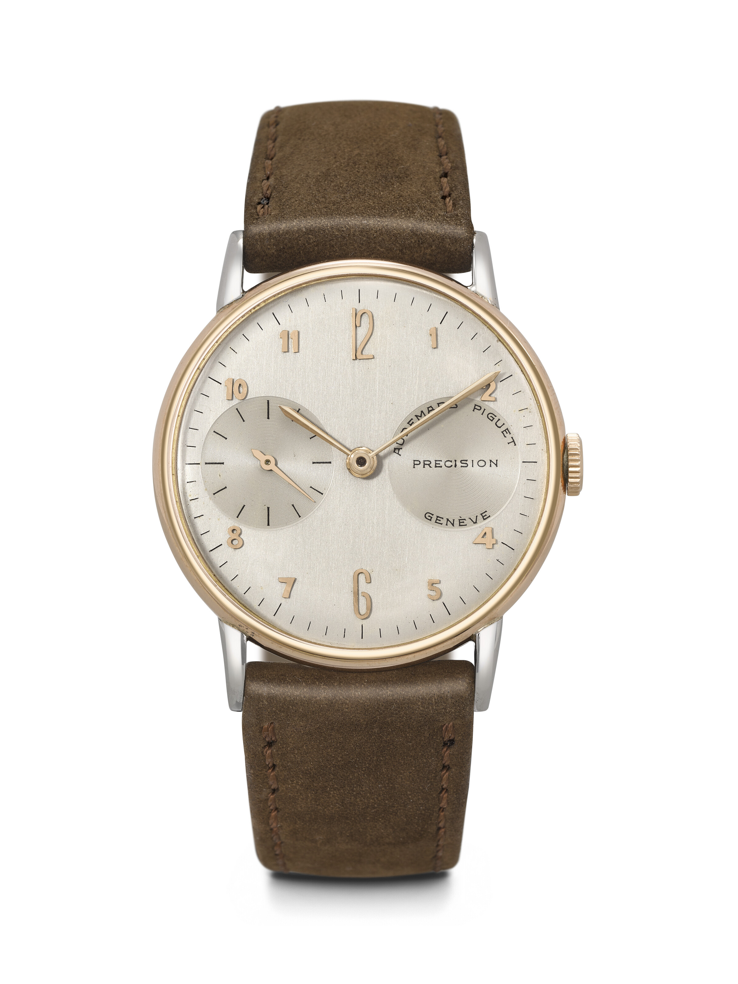 Audemars Piguet. A 14k pink-gold and stainless-steel wristwatch with observatory-style dial, circa 1950. Movement no. 46'585 B, case no. 46'585, offered in Rare Watches on 11 and 12 May 2026 at Christie's in Geneva