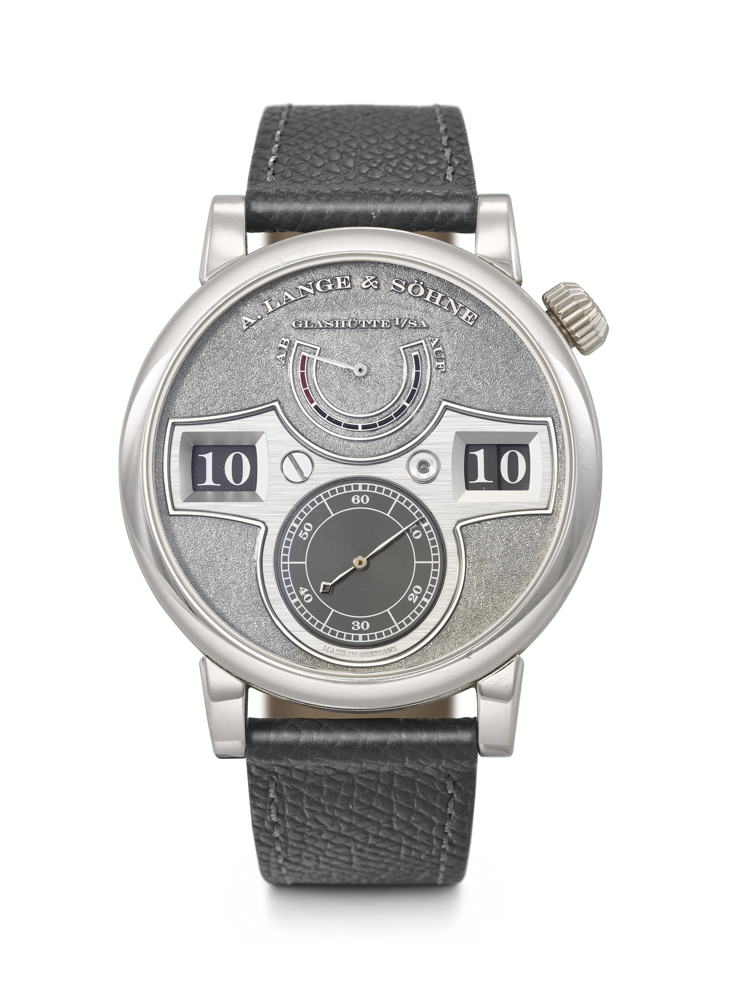 A. Lange and Sohne. A platinum limited-edition wristwatch with digital time display, power-reserve indication and hand-engraved dial, Zeitwerk Handwerkskunst model, circa 2013, offered in Rare Watches on 11 and 12 May 2026 at Christie's in Geneva
