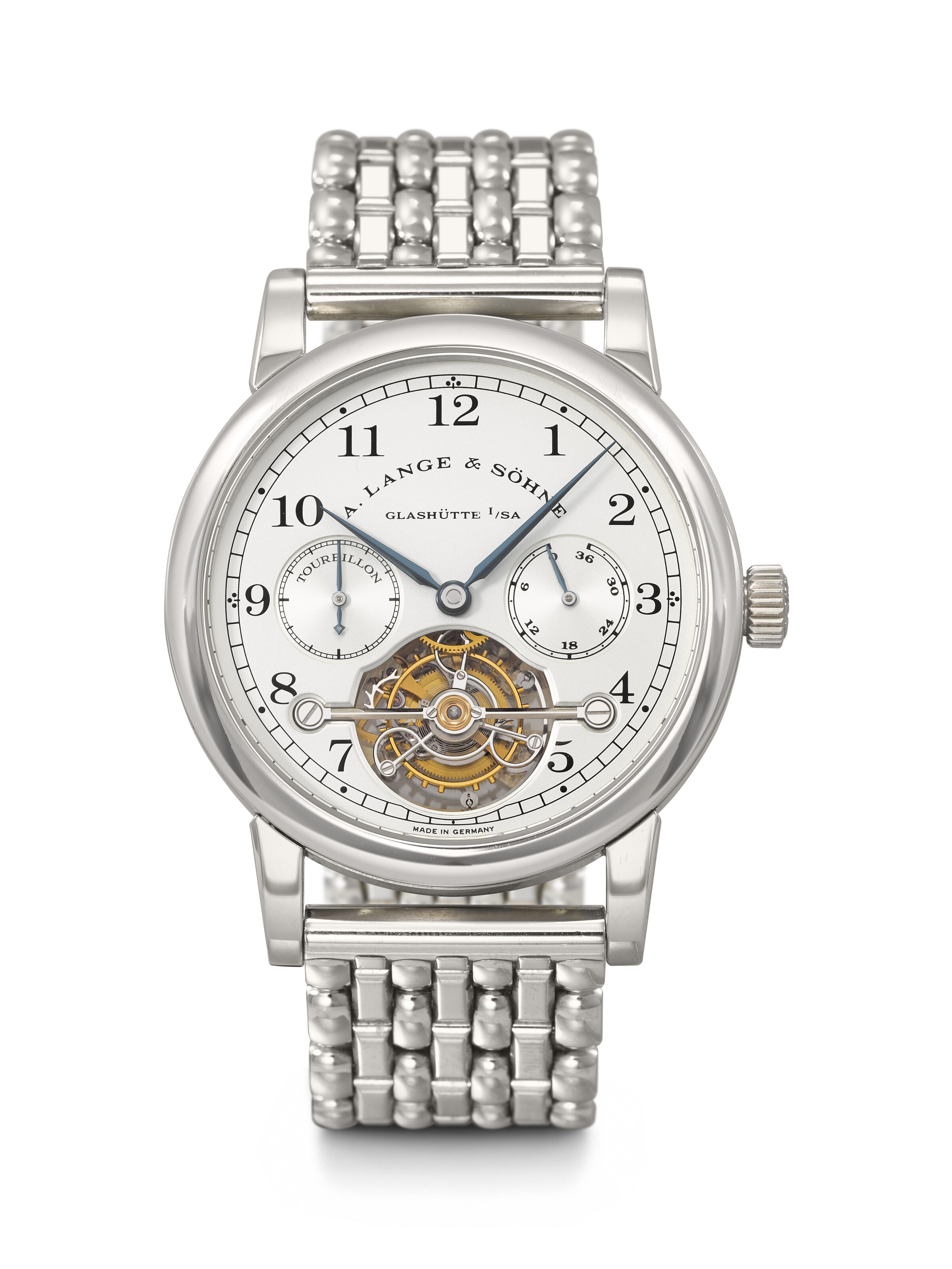 A. Lange and Sohne. A platinum limited-edition tourbillon wristwatch with fusee-and-chain transmission, power-reserve indication and Wellendorff bracelet, Tourbillon Pour le Merite model, circa 1994, offered in Rare Watches on 11 and 12 May 2026 at Christie's in Geneva