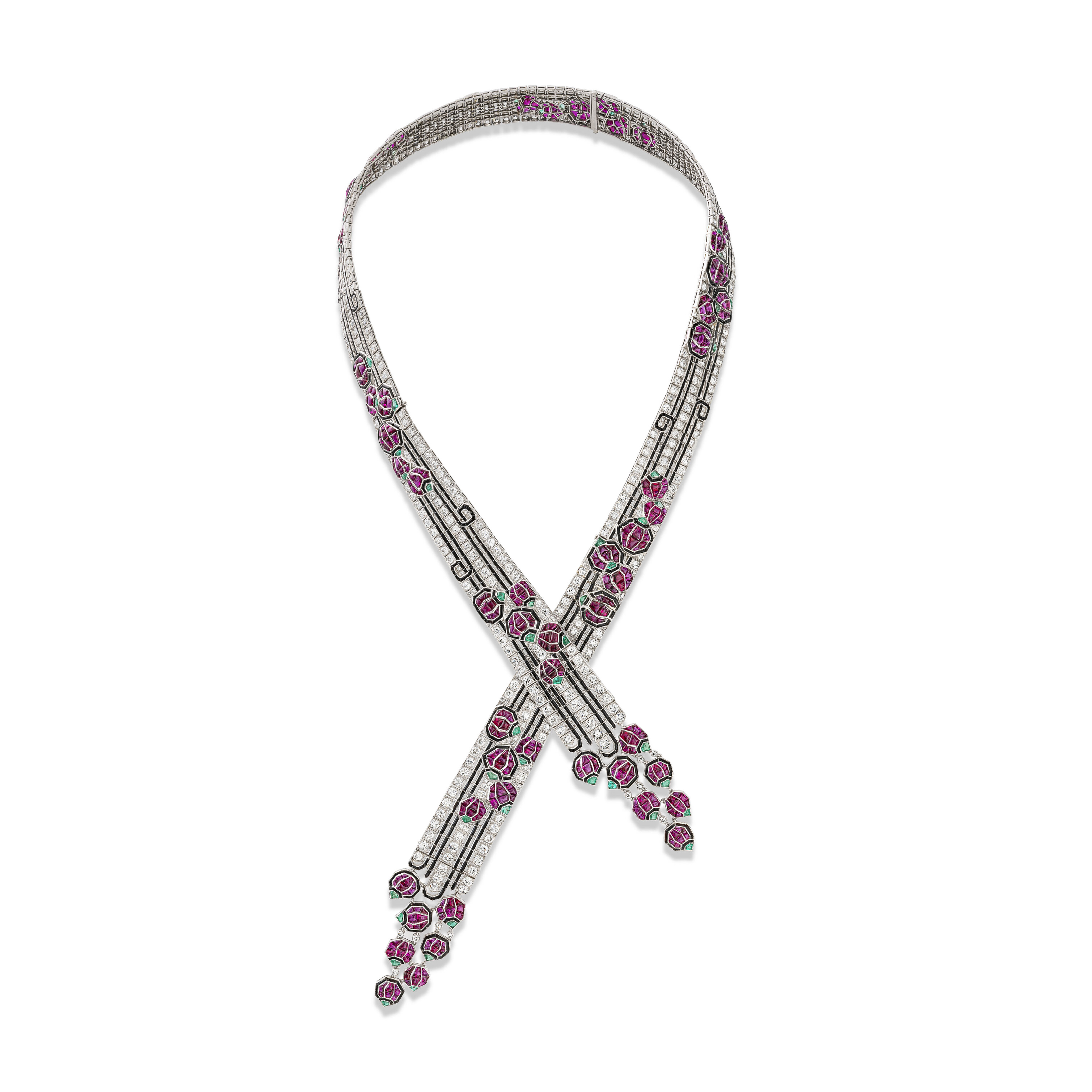 An exceptional Boucheron Art Deco ruby, emerald, onyx and diamond echarpe necklace, 1920s, offered in Magnificent Jewels on 13 May 2026 at Christie's in Geneva
