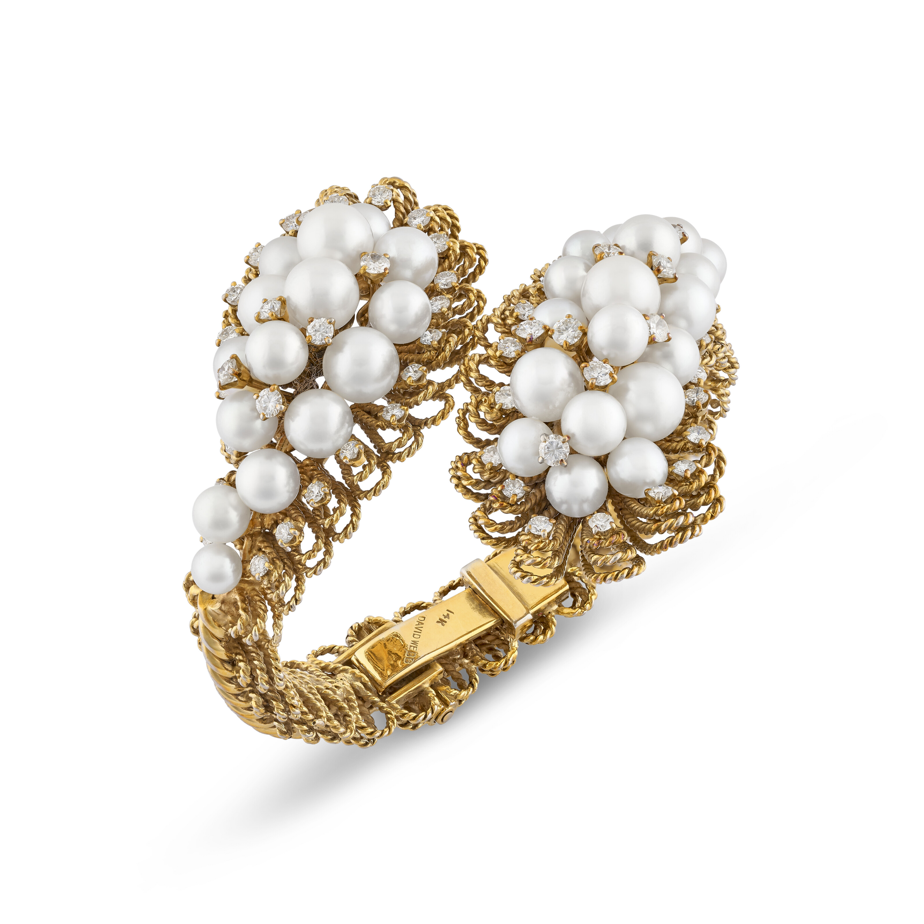 Catalog image of DAVID WEBB CULTURED PEARL AND DIAMOND BANGLE