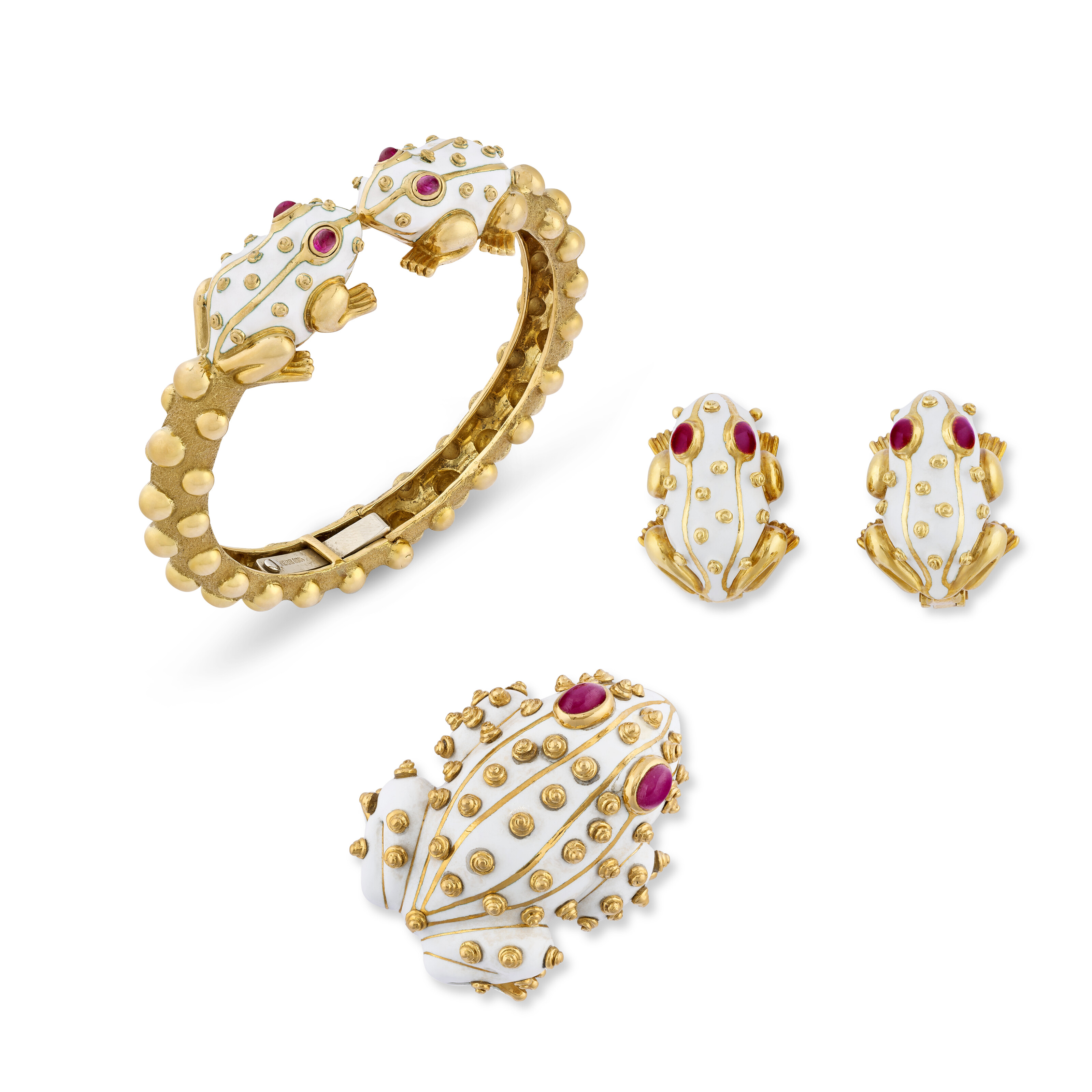 Catalog image of DAVID WEBB SUITE OF RUBY AND ENAMEL ‘FROG’ JEWELLERY