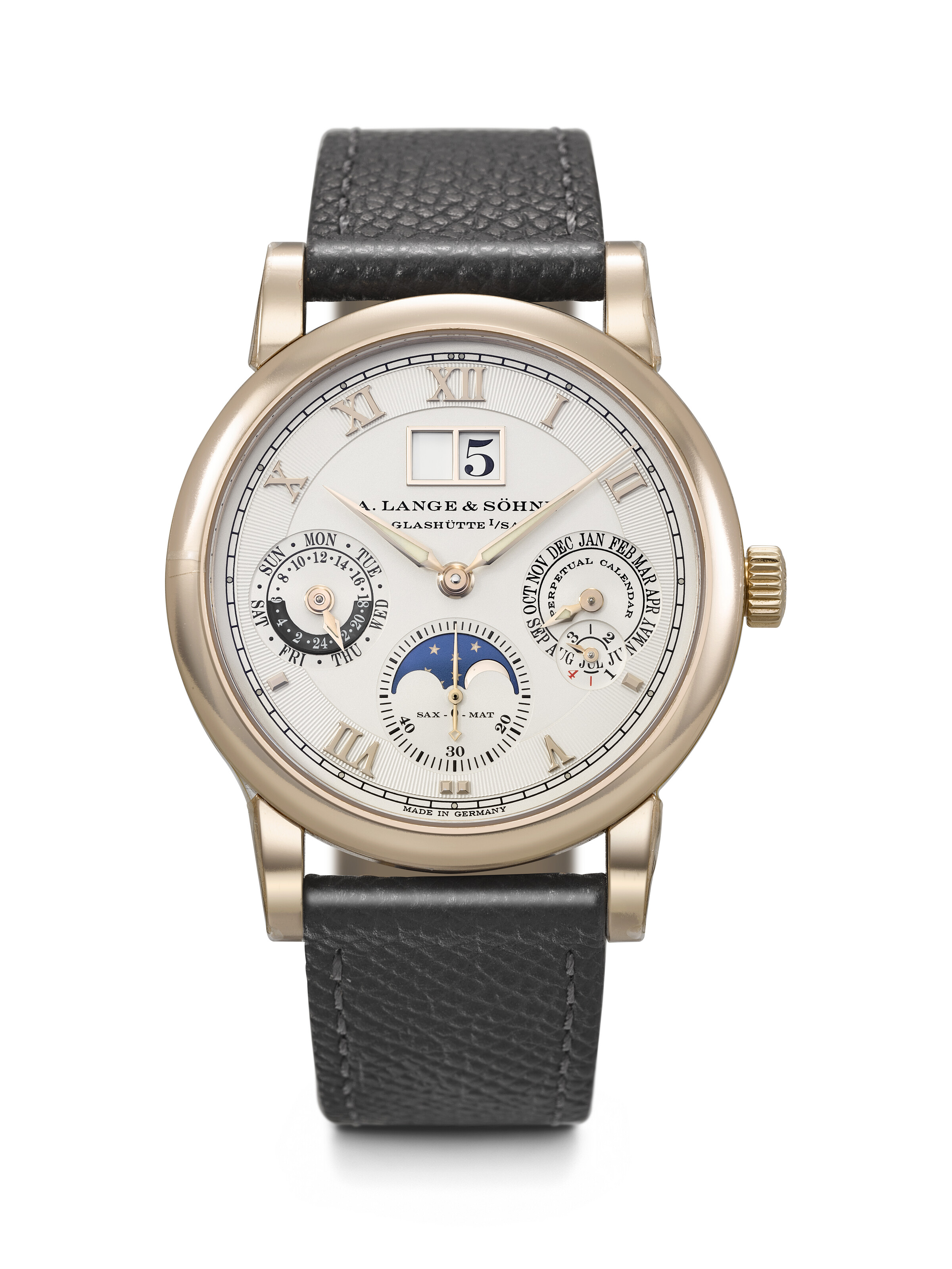 A. Lange and Sohne. An elegant 18k honey gold limited edition automatic perpetual calendar wristwatch with oversized date, moon phases, 24-hour and leap year indication. Langematik Perpetual Honeygold model, ref. 310.050 E, case no. 241'523, no. 23/100, circa 2019, offered in Rare Watches Including Watches for ELA on 9 November 2026 at Christie's in Geneva
