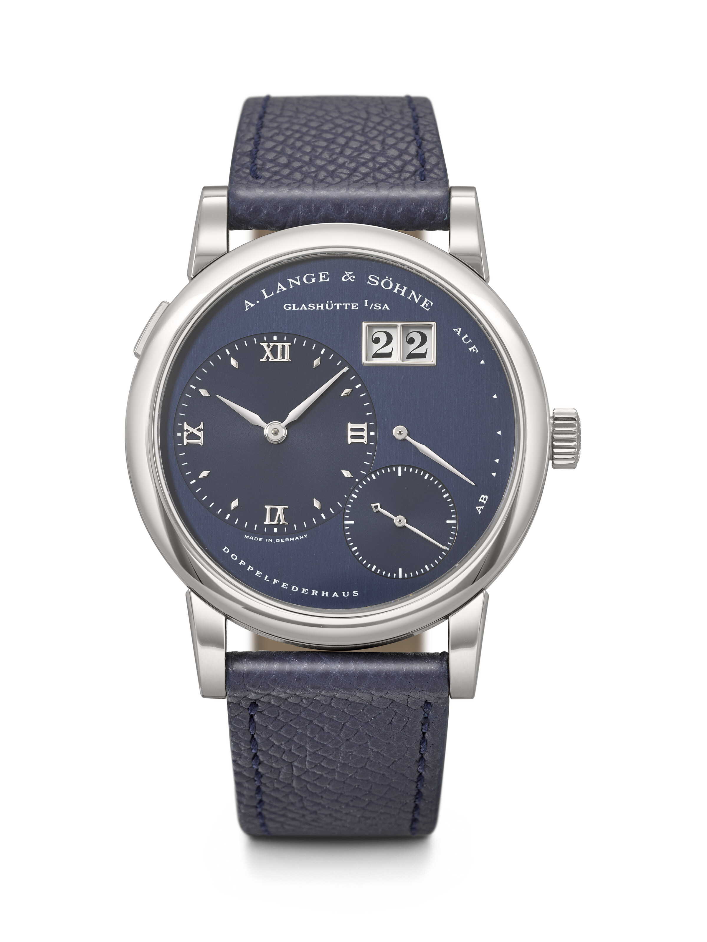 A. Lange and Sohne. An extremely rare and highly important stainless steel wristwatch with oversized date, power reserve indication and blue dial. Lange 1 model, ref. 101.026 X, case no. 117'972, circa 1999, offered in Rare Watches Including Watches for ELA on 9 November 2026 at Christie's in Geneva