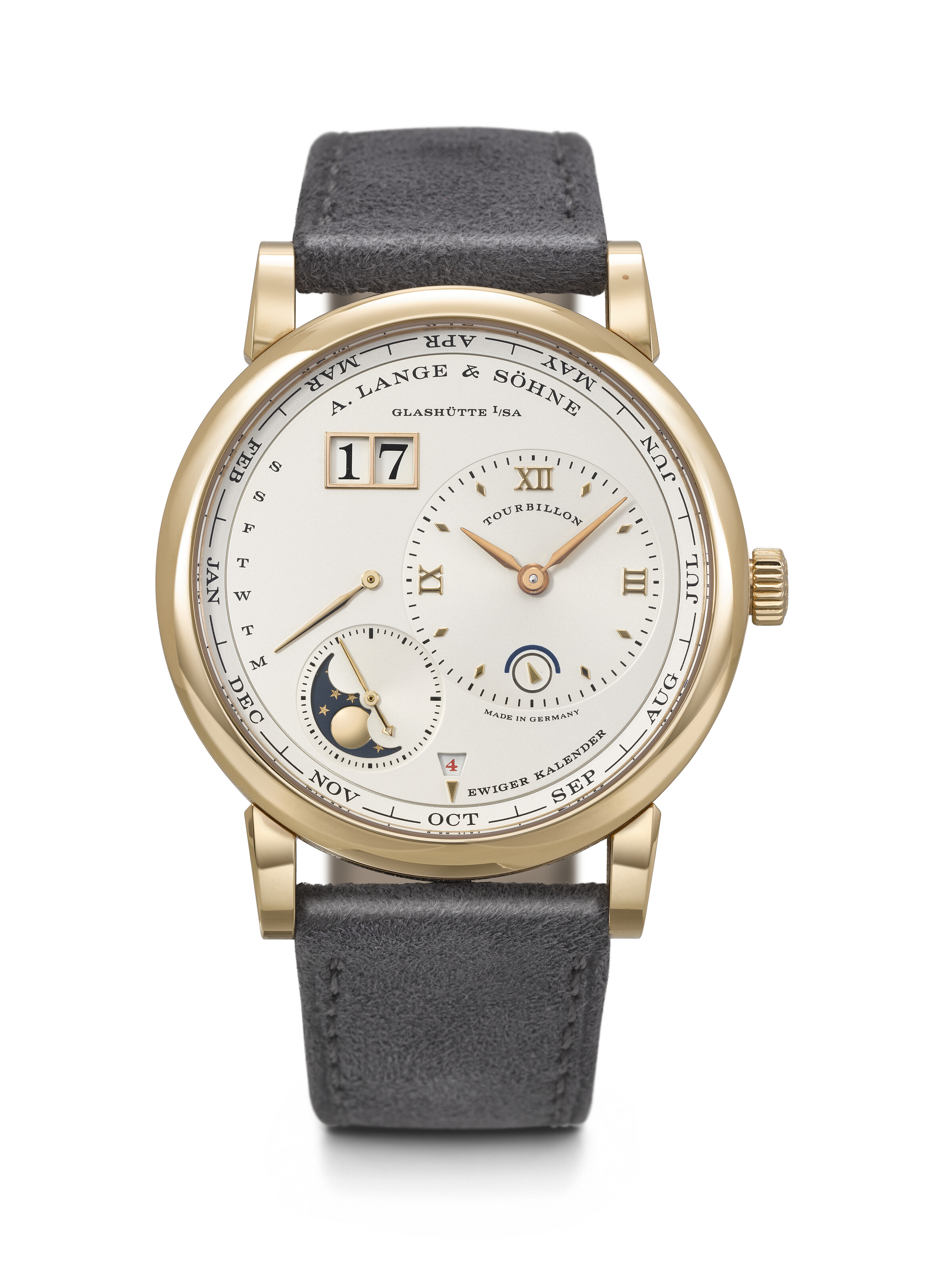 A. Lange and Sohne. A rare and elegant 18k pink gold automatic perpetual calendar tourbillon wristwatch with oversized date, retrograde day, moon phases, leap year and day/night indication. Lange 1 Tourbillon Perpetual Calendar model, ref. 720.032FE, case no. 215'927, circa 2016, offered in Rare Watches Including Watches for ELA on 9 November 2026 at Christie's in Geneva