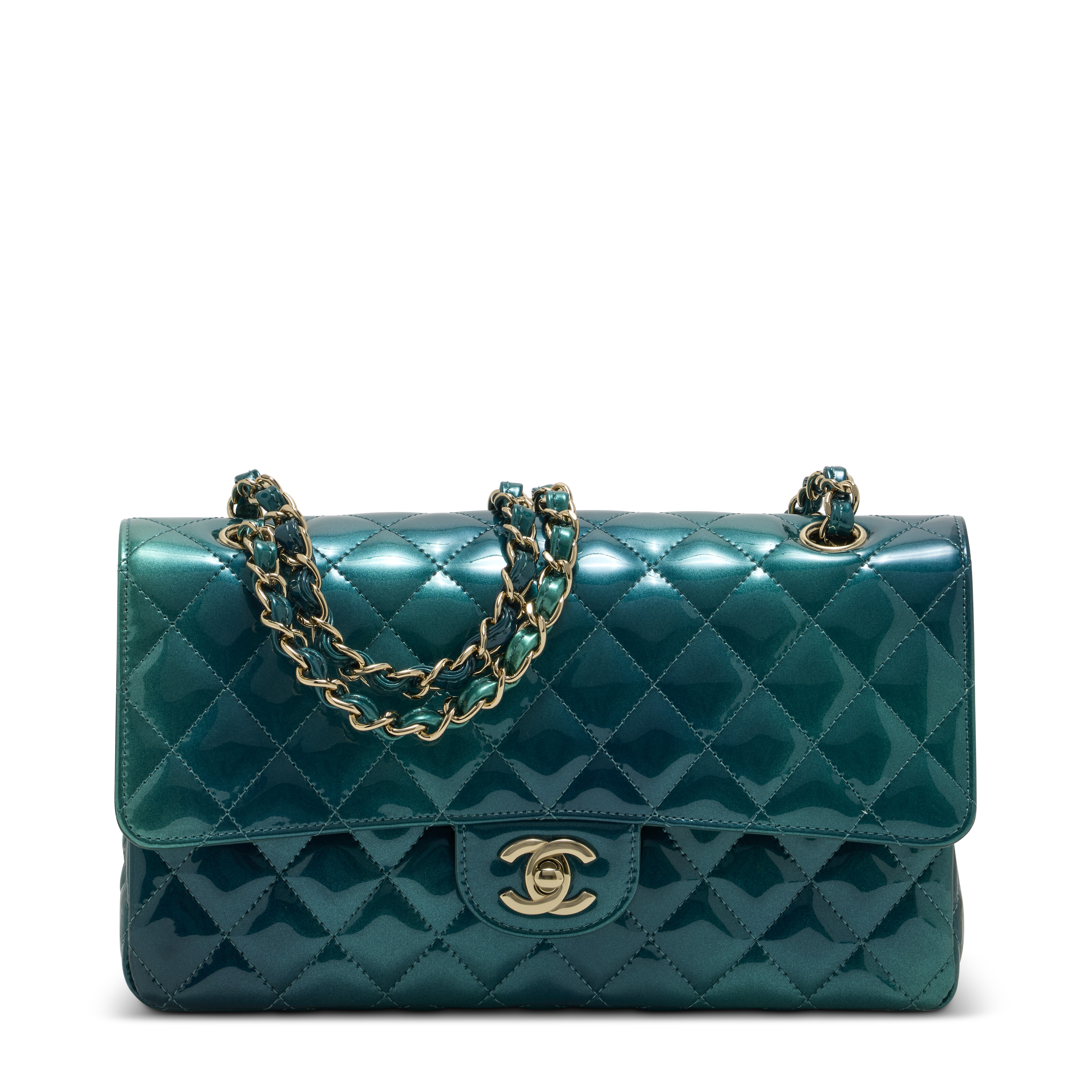 A GRADIENT MALACHITE GREEN PATENT LEATHER MEDIUM CLASSIC DOUBLE