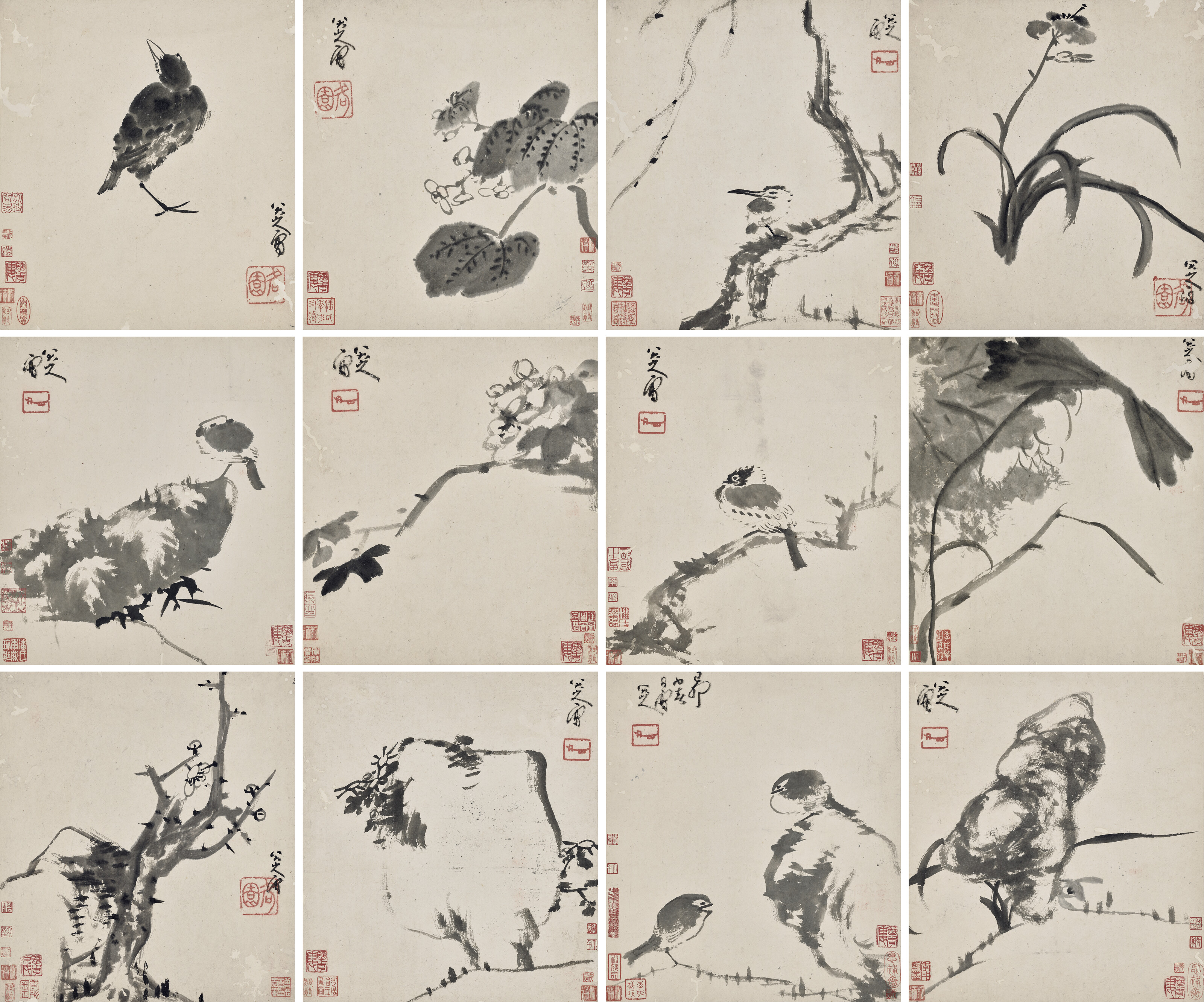 清 八大山人（1626-1705），《水墨花鸟册》。水墨纸本　册页十二开镜框　一六九九年作。每开30.5 x 27.5公分（12 x 10 ⅞ in)(13)。估价：港元12,000,000-18,000,000。此拍品将于2026年10月27日在佳士得香港中国古代书画拍卖中呈献