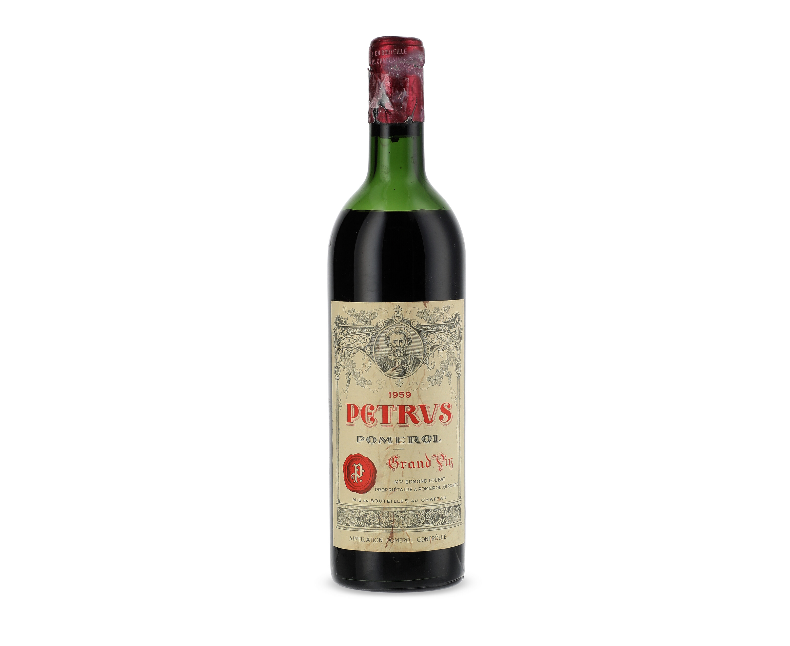 Petrus 1959, Pomerolu.mls, slightly stained and slightly wrinkled