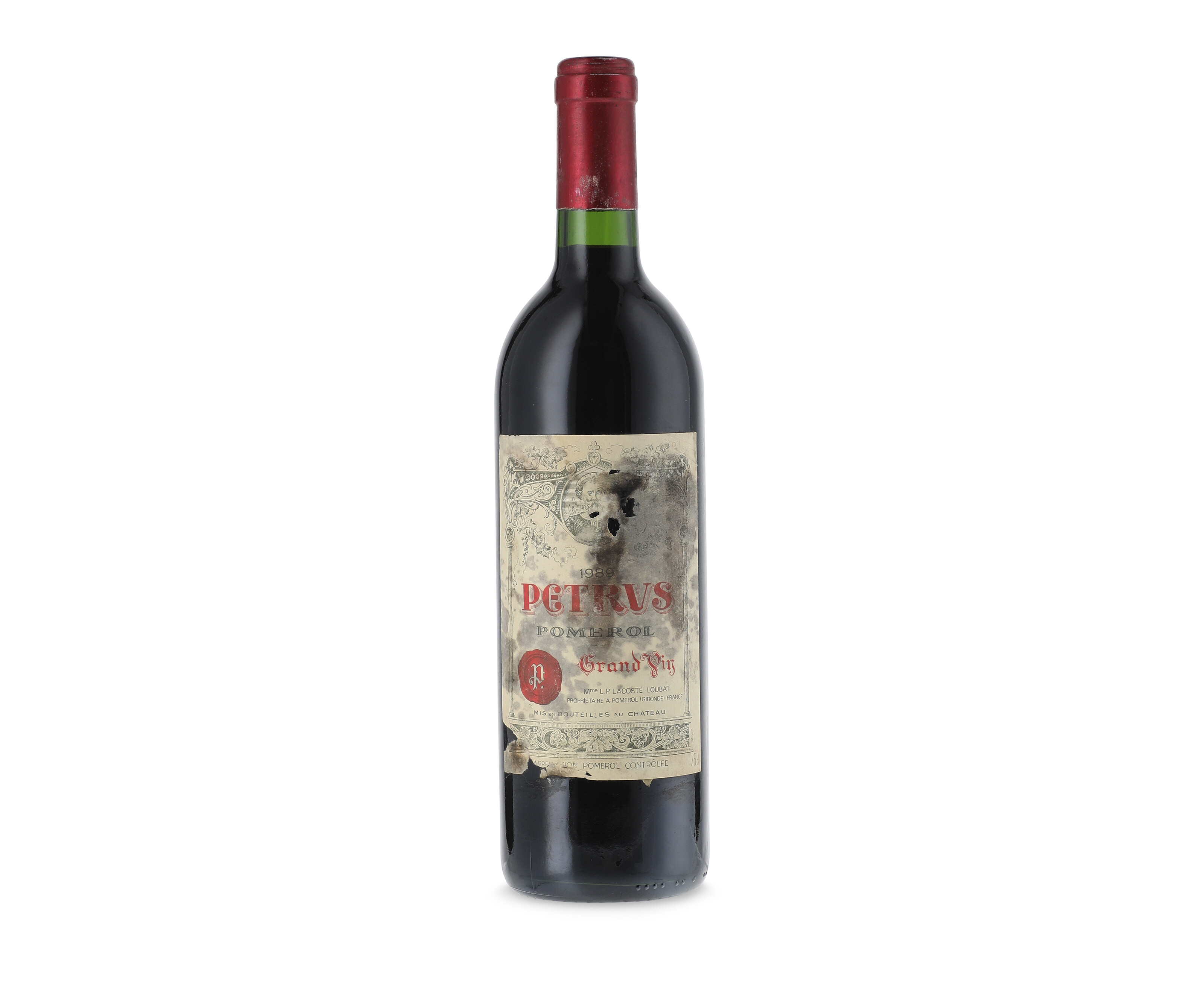 Petrus 1989, PomerolDamaged and heavily stained label, corroded capsule ...