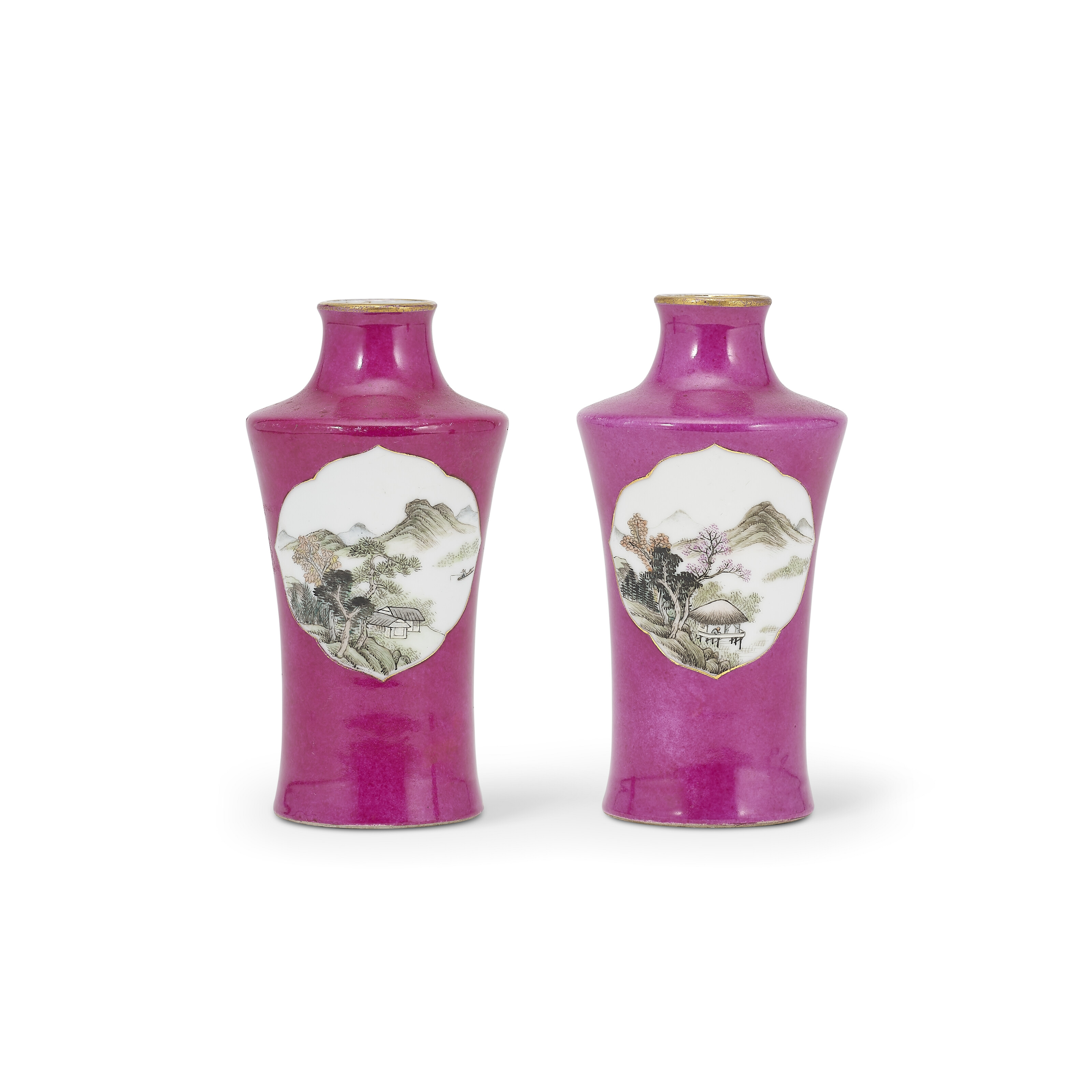 A PAIR OF PUCE-GROUND FAMILLE ROSE 'LANDSCAPE' VASES, | Christie’s