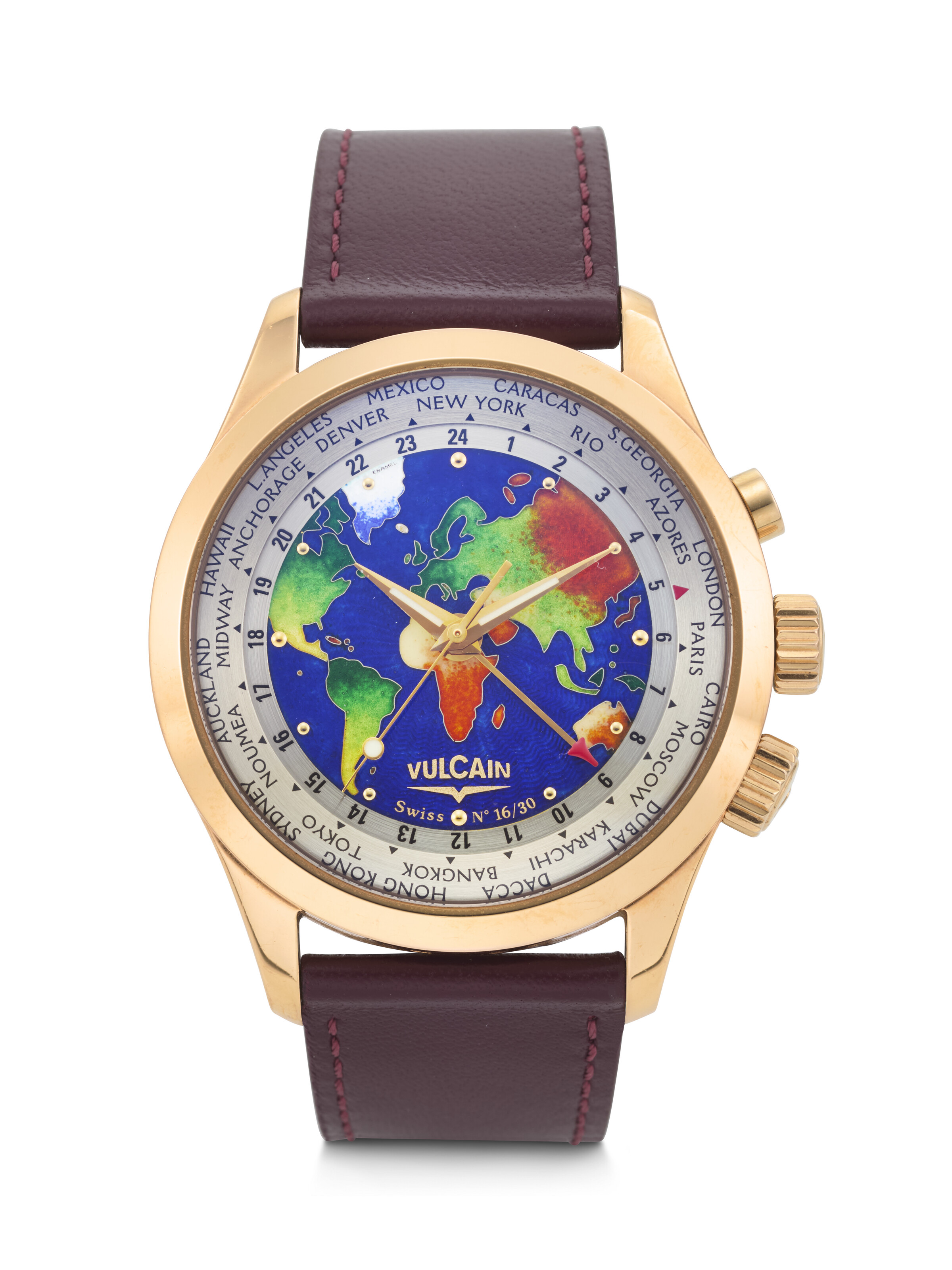 VULCAIN, RARE LIMITED EDITION 18K PINK GOLD WORLD TIME ALARM