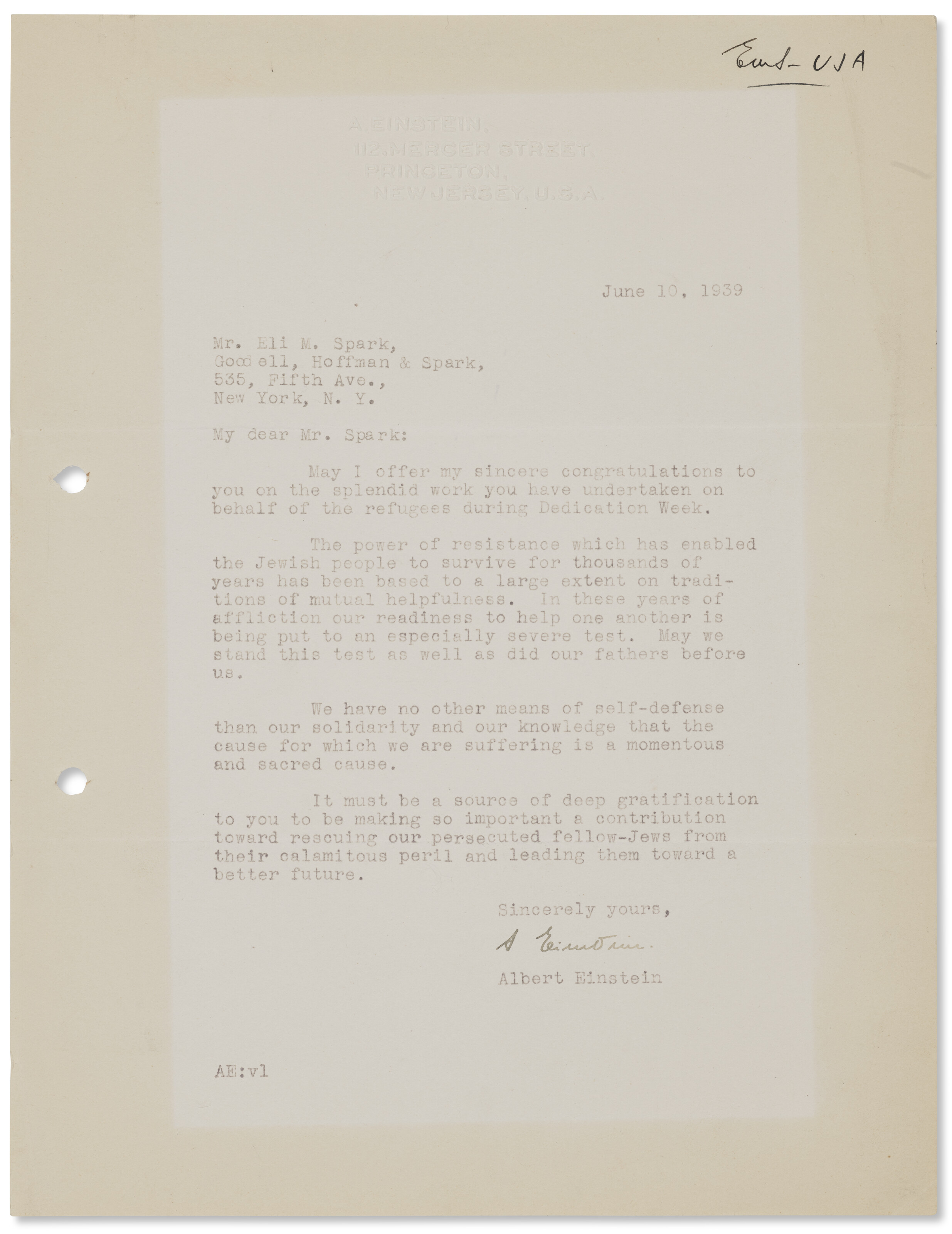 On supporting Jewish refugees, Albert Einstein, 10 June 1939 | Christie’s