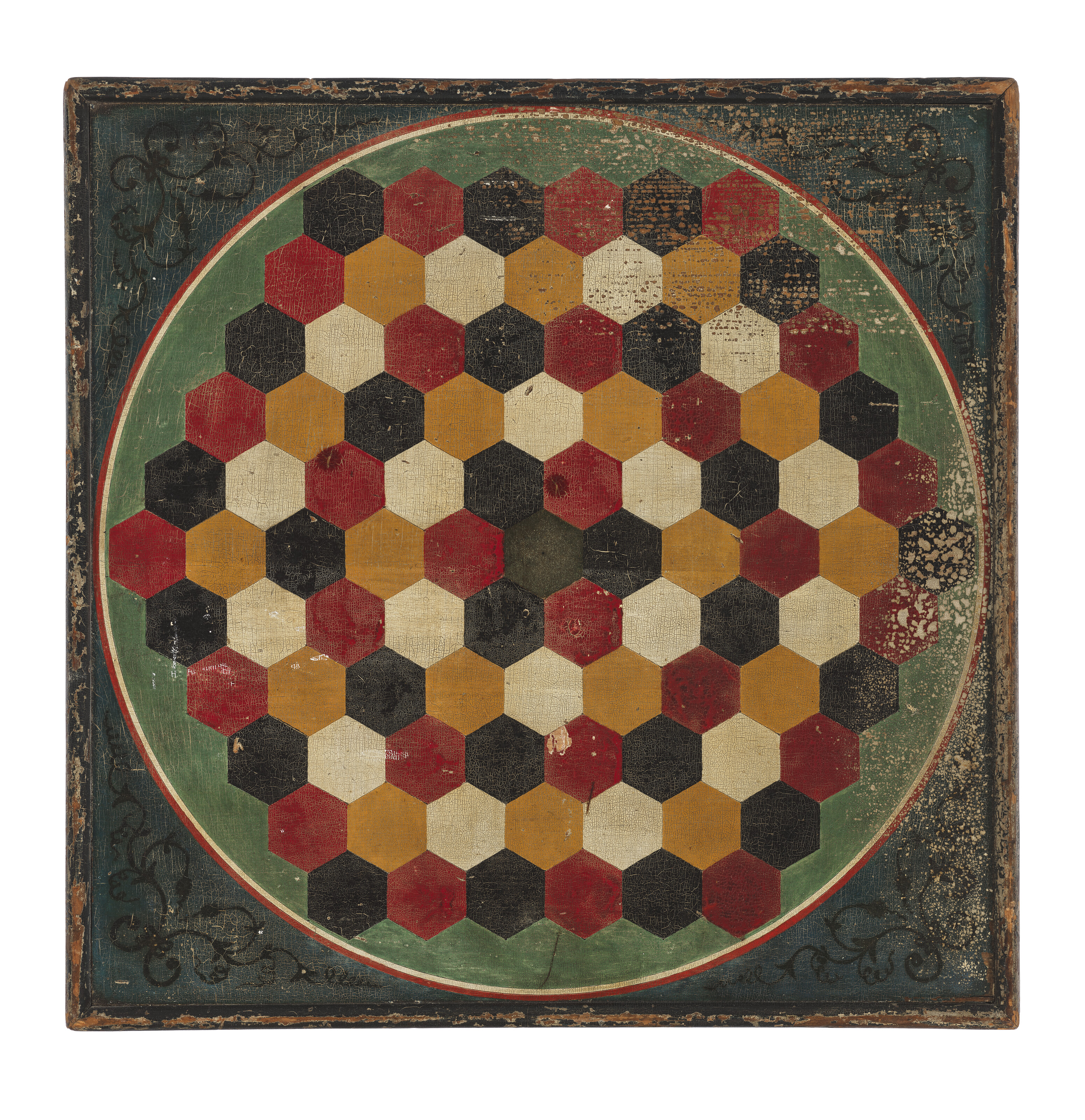 A DOUBLE-SIDED PAINT-DECORATED AGON GAME BOARD, CIRCA 1890