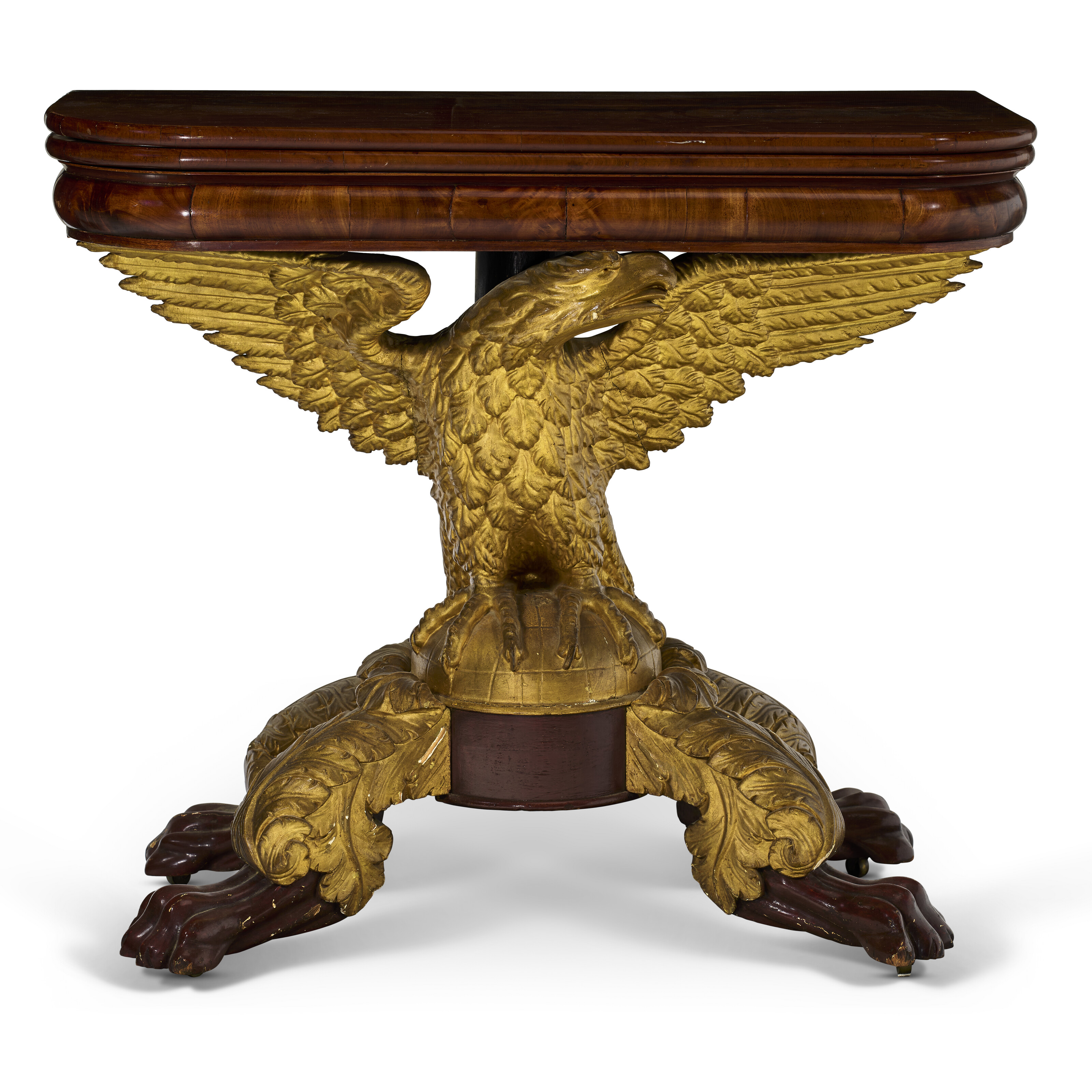 A CLASSICAL MAHOGANY PARCEL-GILT EAGLE-BASE CARD TABLE, NEW YORK, 1830 ...