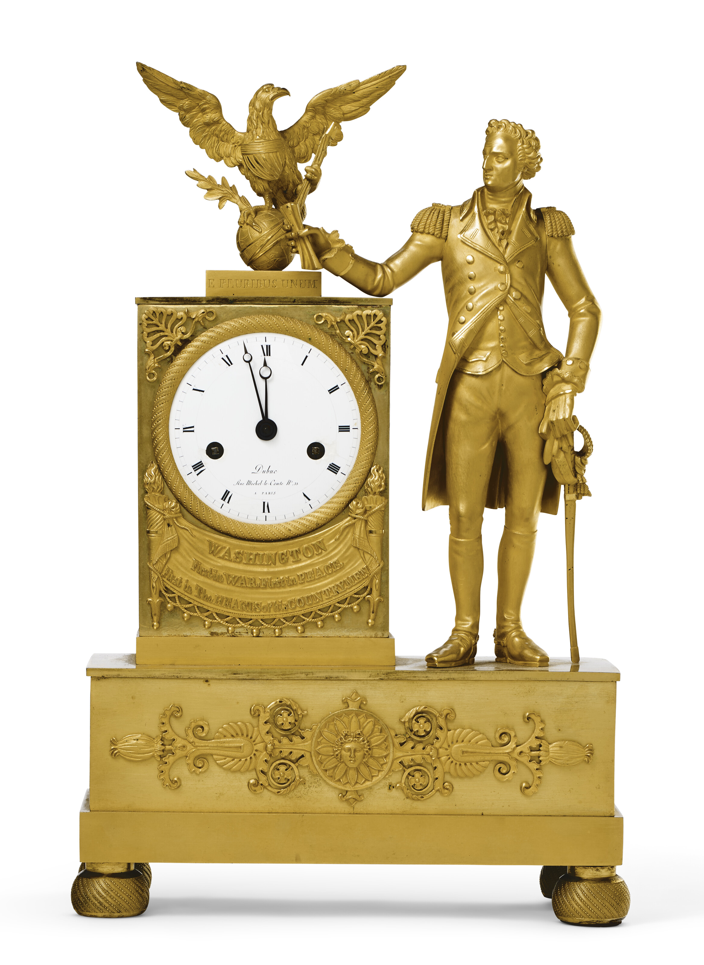 A FRENCH EMPIRE ORMOLU MANTLE CLOCK WITH A FIGURE OF GEORGE
