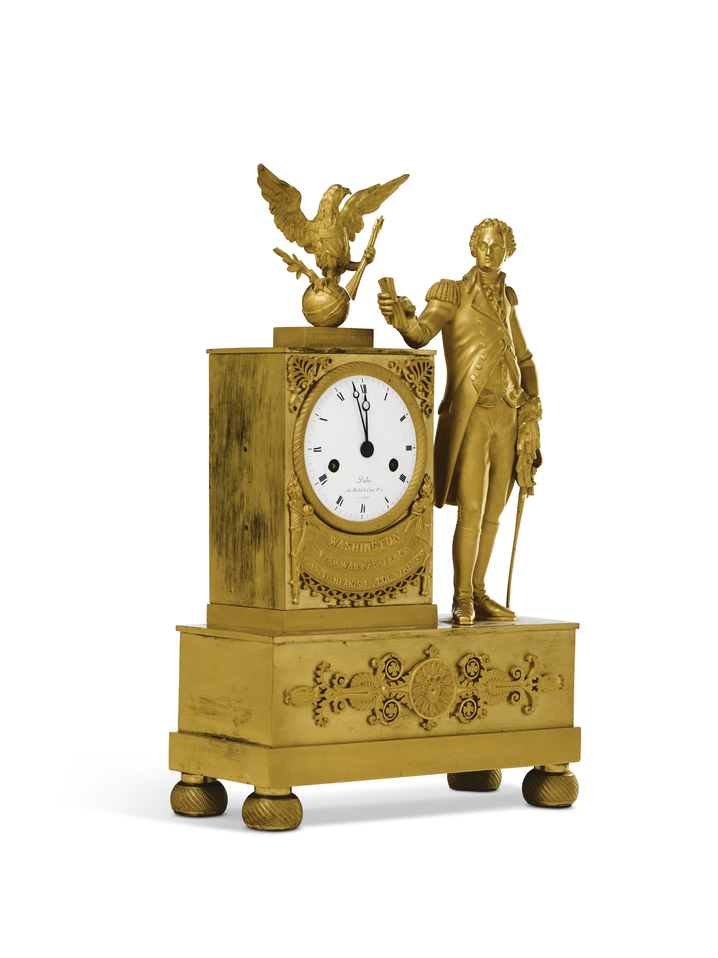 A FRENCH EMPIRE ORMOLU MANTLE CLOCK WITH A FIGURE OF GEORGE