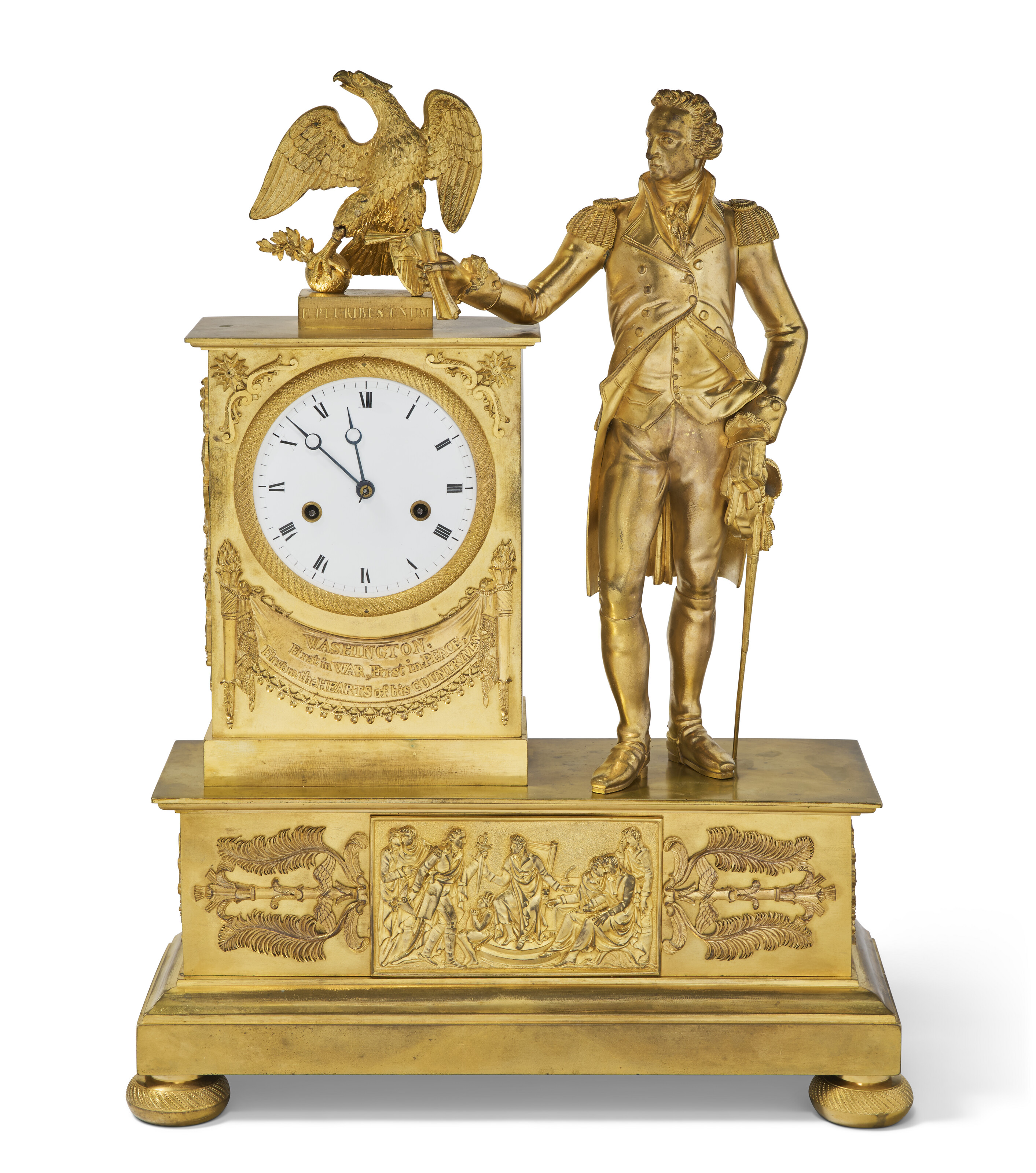 A GILT BRONZE MANTEL CLOCK WITH A FIGURE OF GEORGE WASHINGTON