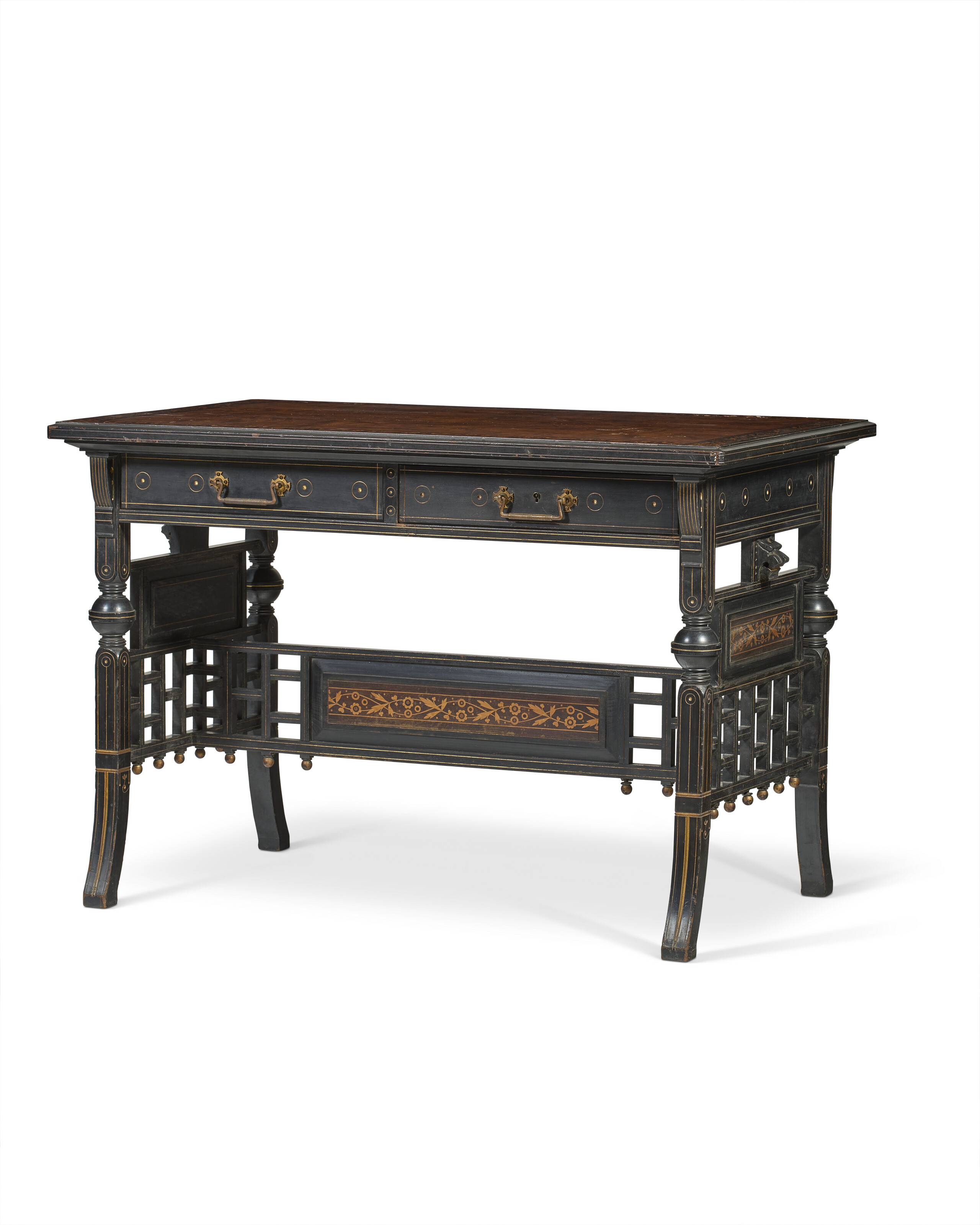 AN AESTHETIC MOVEMENT INLAID PARCEL-GILT AND EBONIZED LIBRARY