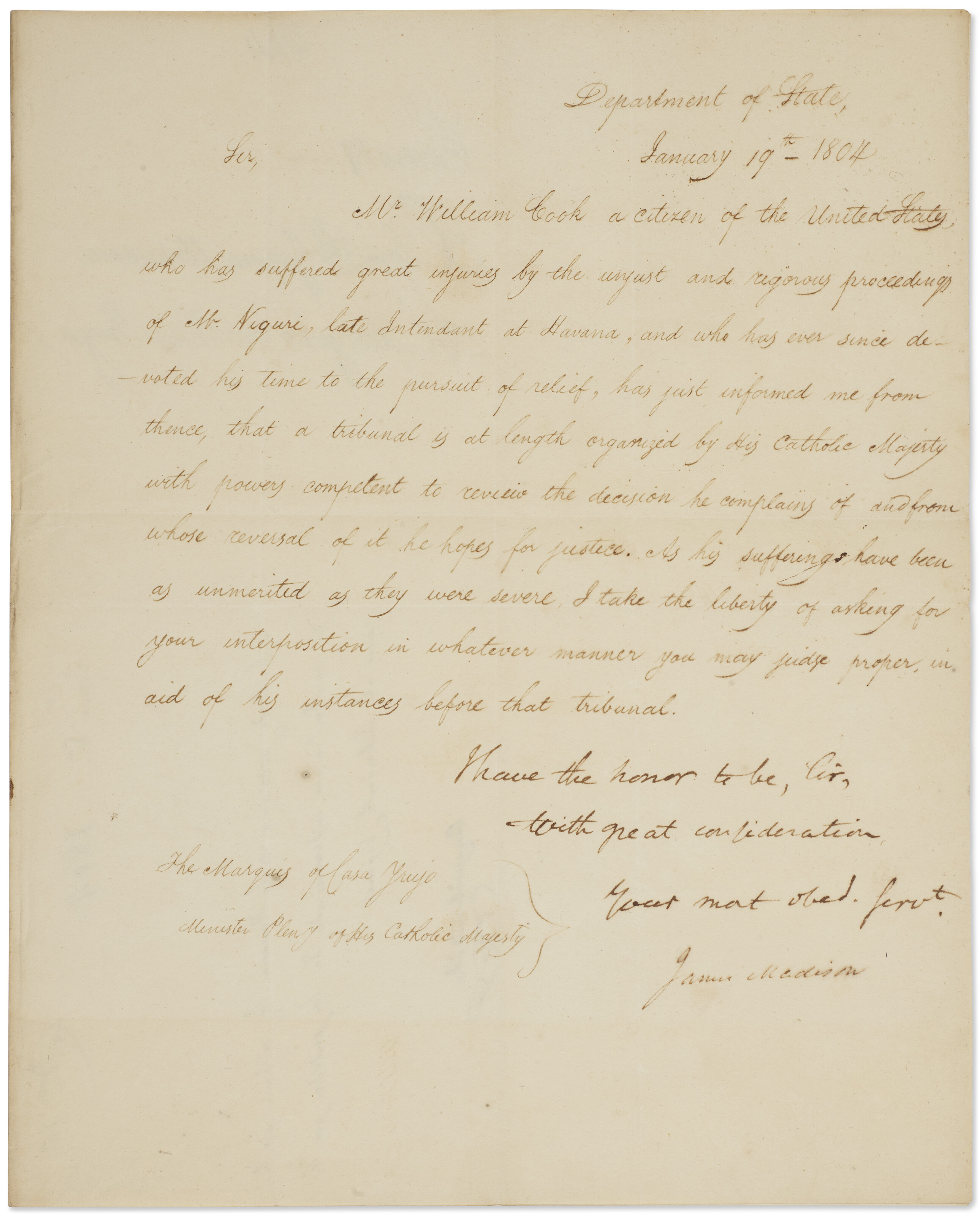 JAMES MADISON (1761-1836), Letter signed as Secretary of State, 19 ...